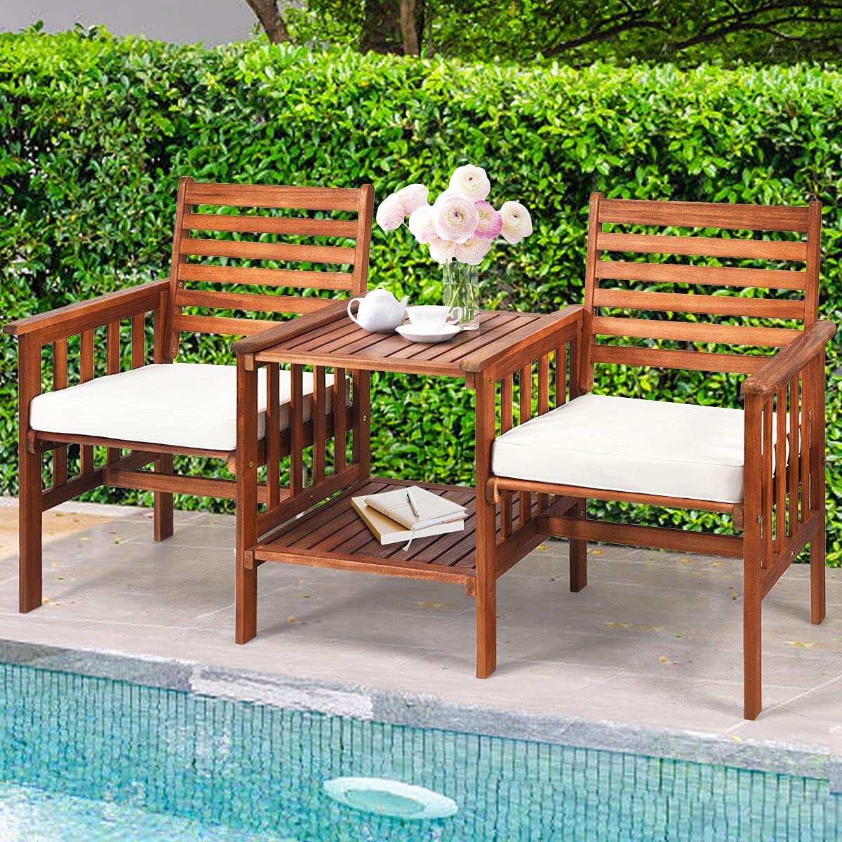 Acacia Wood Loveseat with Table - Patio Bistro Set with Cushions, 2.1-inch Umbrella Hole - Outdoor Garden & Balcony Furniture for Relaxing & Entertaining