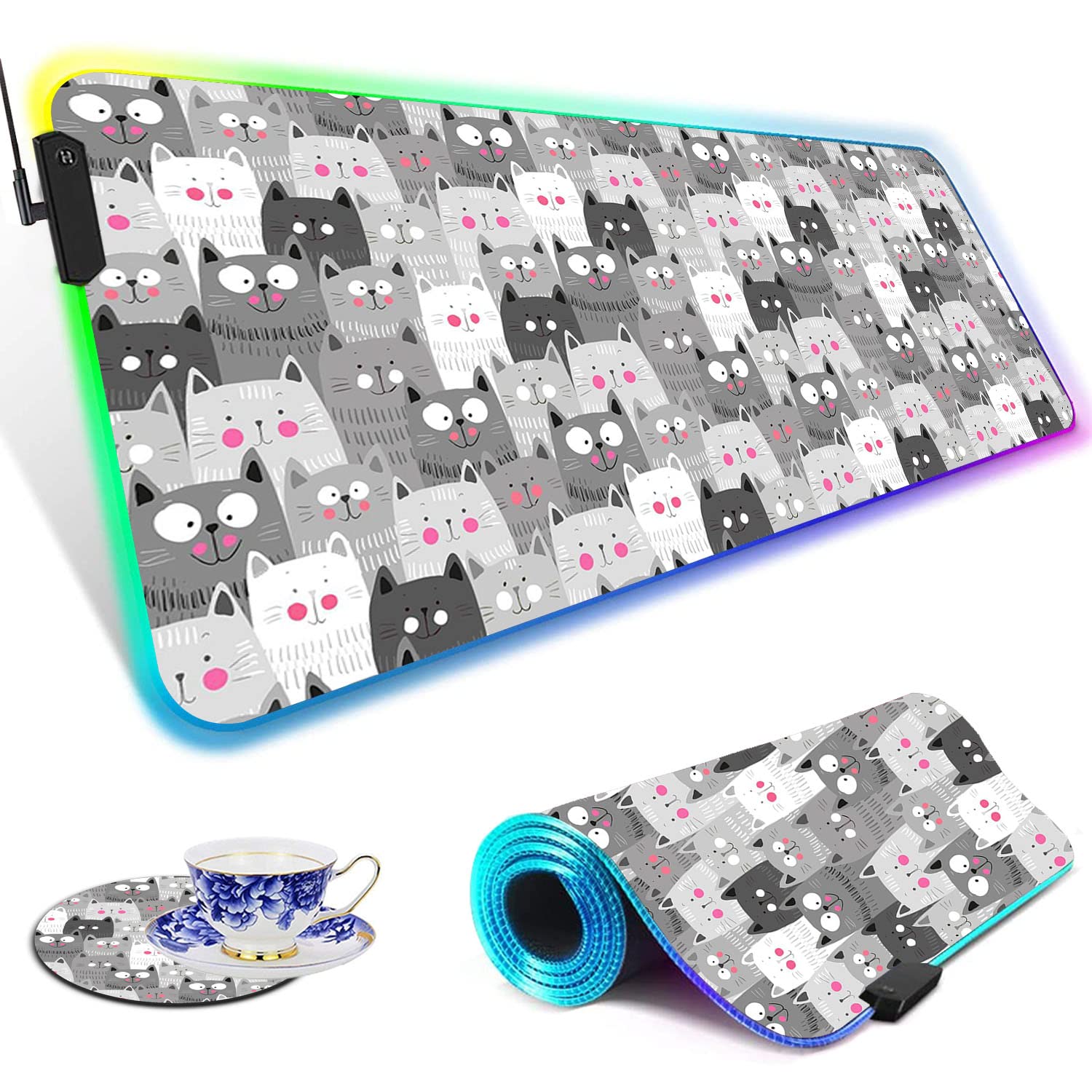 RGB Gaming Mouse Pad with LED Lights - Large Non-Slip Desk Mat for Keyboard & Mouse - Waterproof Optical Surface - Perfect for PC Gaming, Office Work & Streaming - Cool Grey Cat Design for Gamers & Tech Enthusiasts