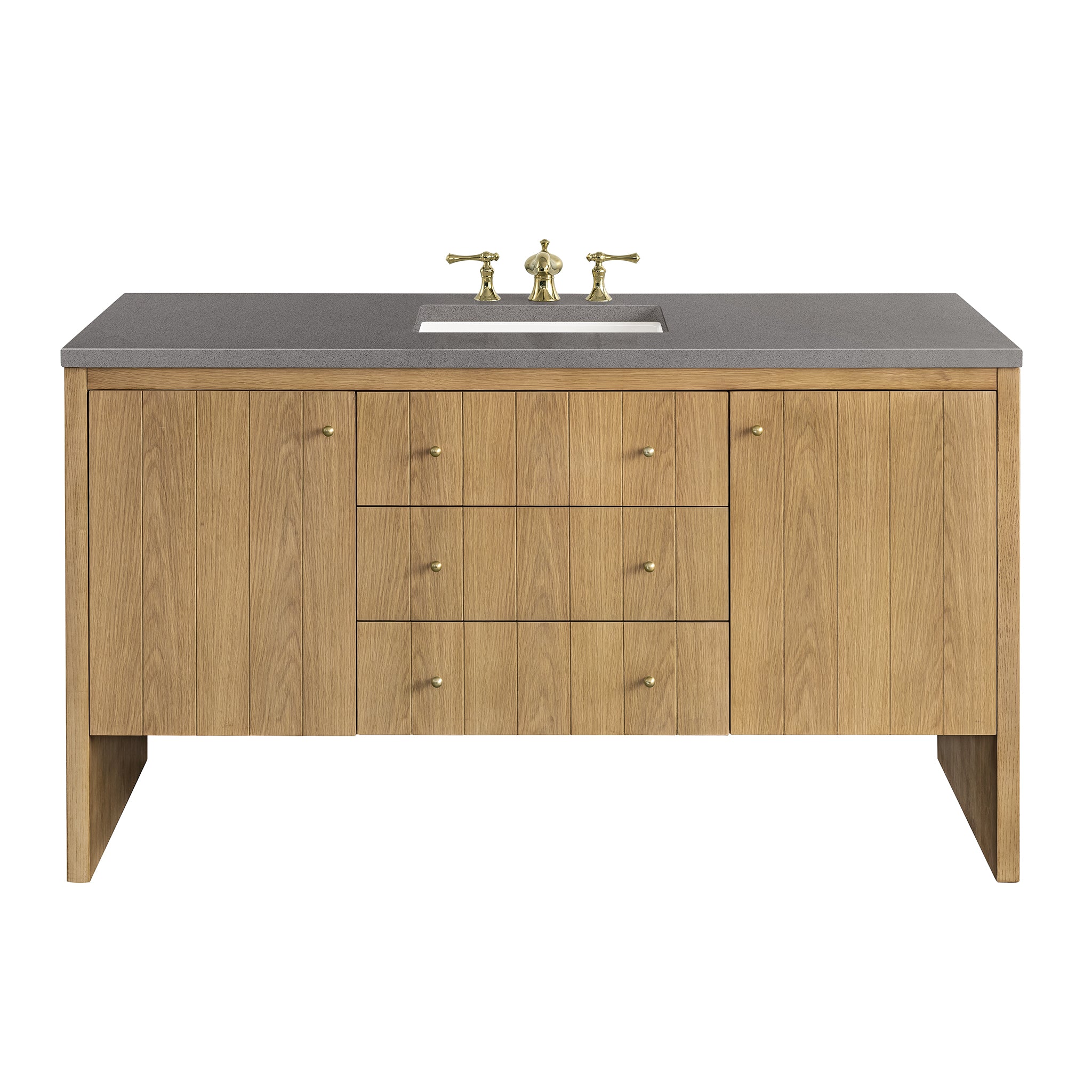 Hudson 60 Inch Single Bathroom Vanity with Light Natural Oak Finish and 3CM Grey Expo Top - Perfect for Modern Bathroom Renovations and Home Upgrades