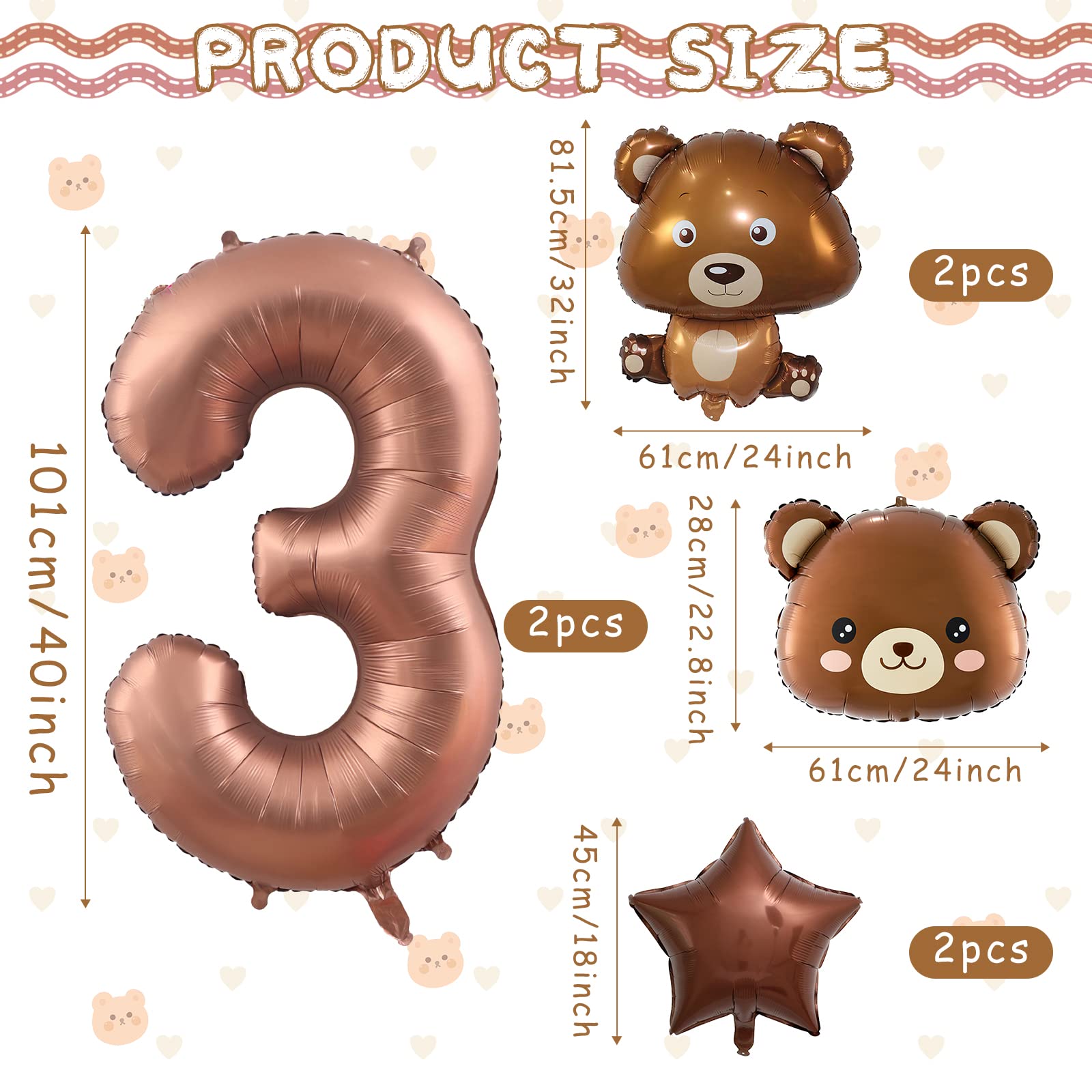 40 Inch Bear Birthday Balloons - 3rd Birthday Party Decorations, Foil Animal Balloons for Baby Showers, Gender Reveals & Kids Birthday Parties