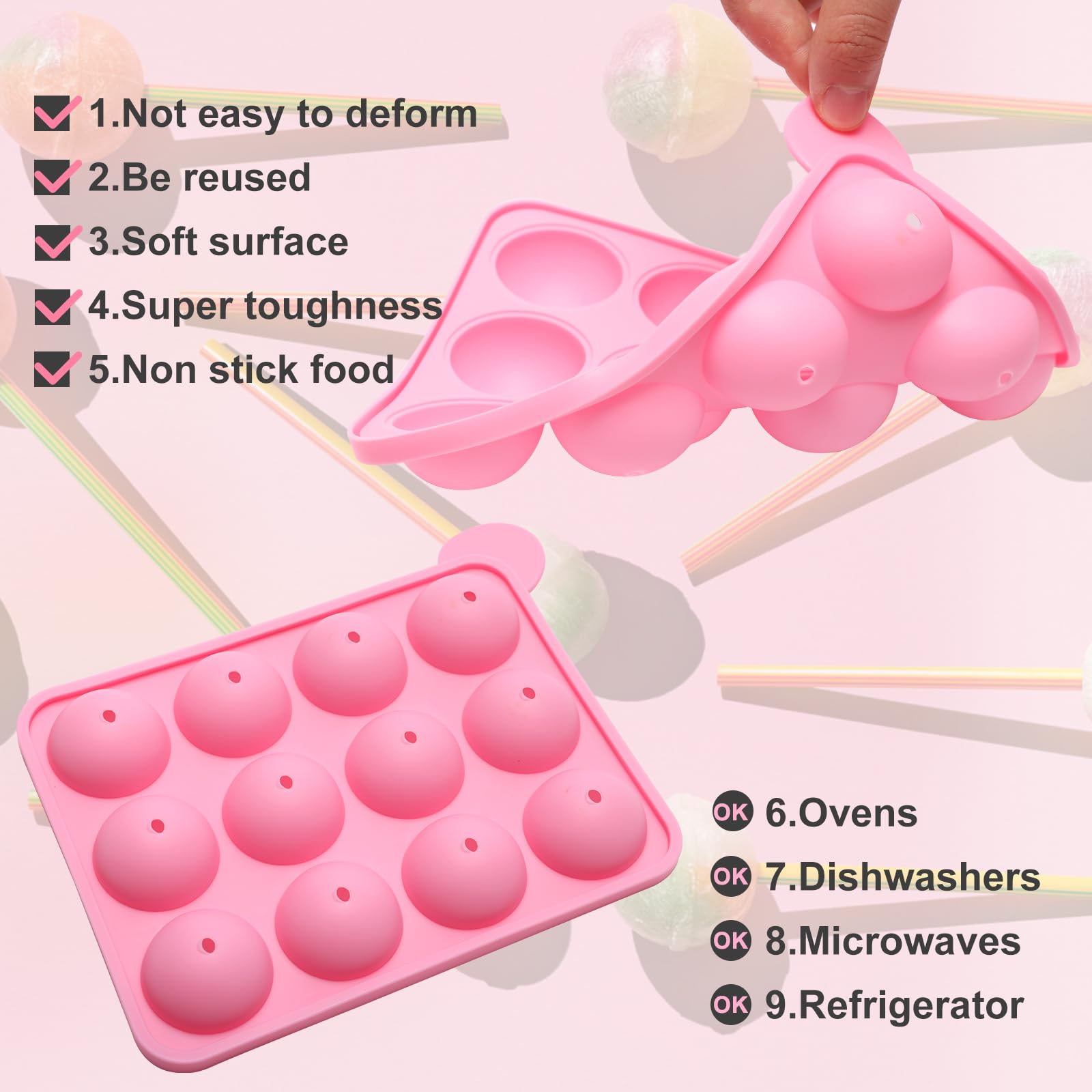 Premium 12-Cavity Silicone Cake Pop Mold Set with 100 Sticks & 15-Hole Acrylic Holder - Perfect for Baking Lollipops, Hard Candies, Birthday Cakes (Pink) - Ideal for Home Baking, Party Treats & DIY Dessert Making