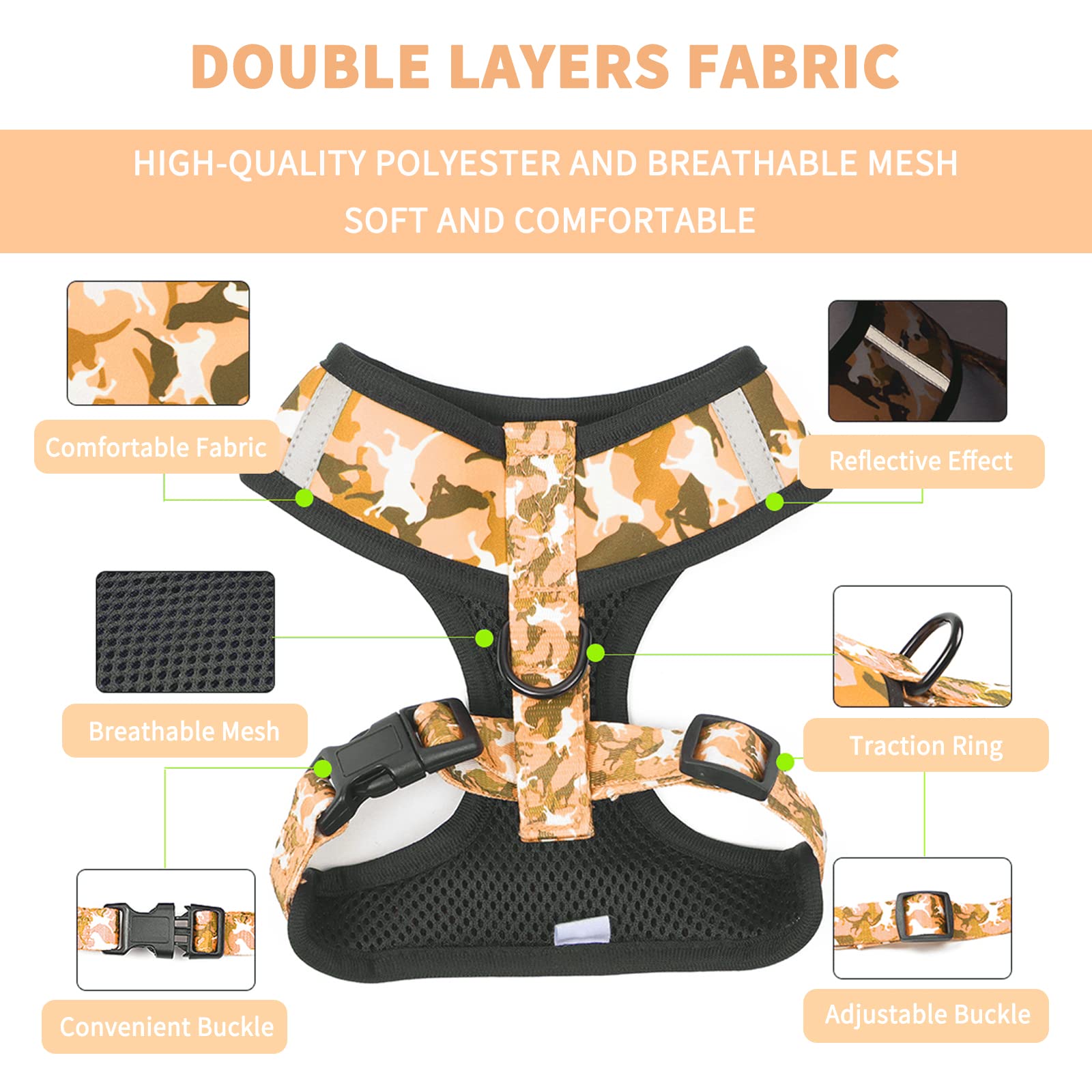 **Reflective Adjustable No-Pull Dog Harness & Leash Set for Small Dogs & Puppies - Yellow Camouflage Vest with Bow-Tie Collar, Poop Bags - Perfect for Walking, Training & Nighttime Safety**