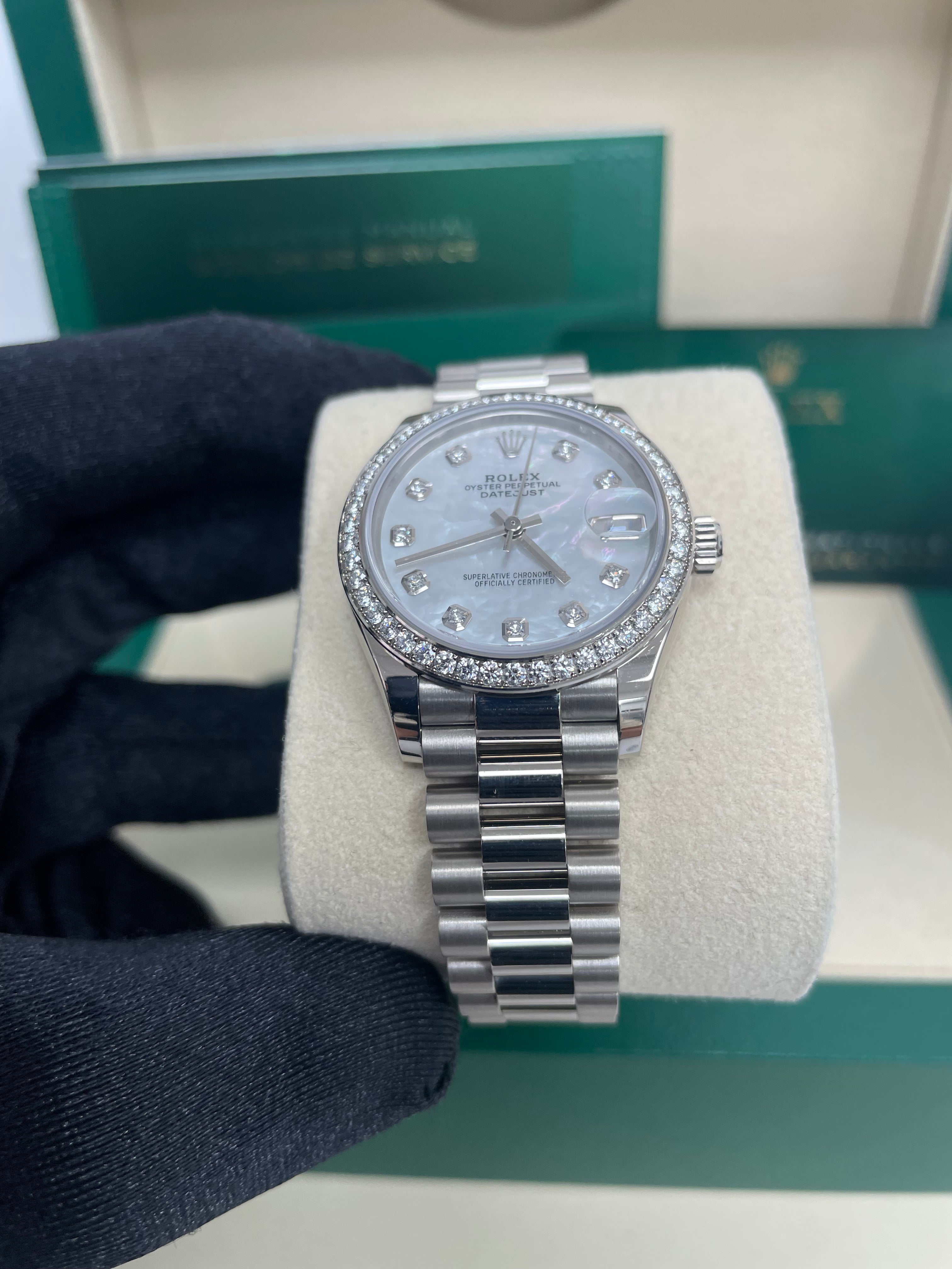 Rolex Datejust 31 White Gold Watch with Diamond Bezel & Mother of Pearl Diamond Dial - President Bracelet (Ref #278289RBR) | Luxury Women's Timepiece for Special Occasions & Formal Events