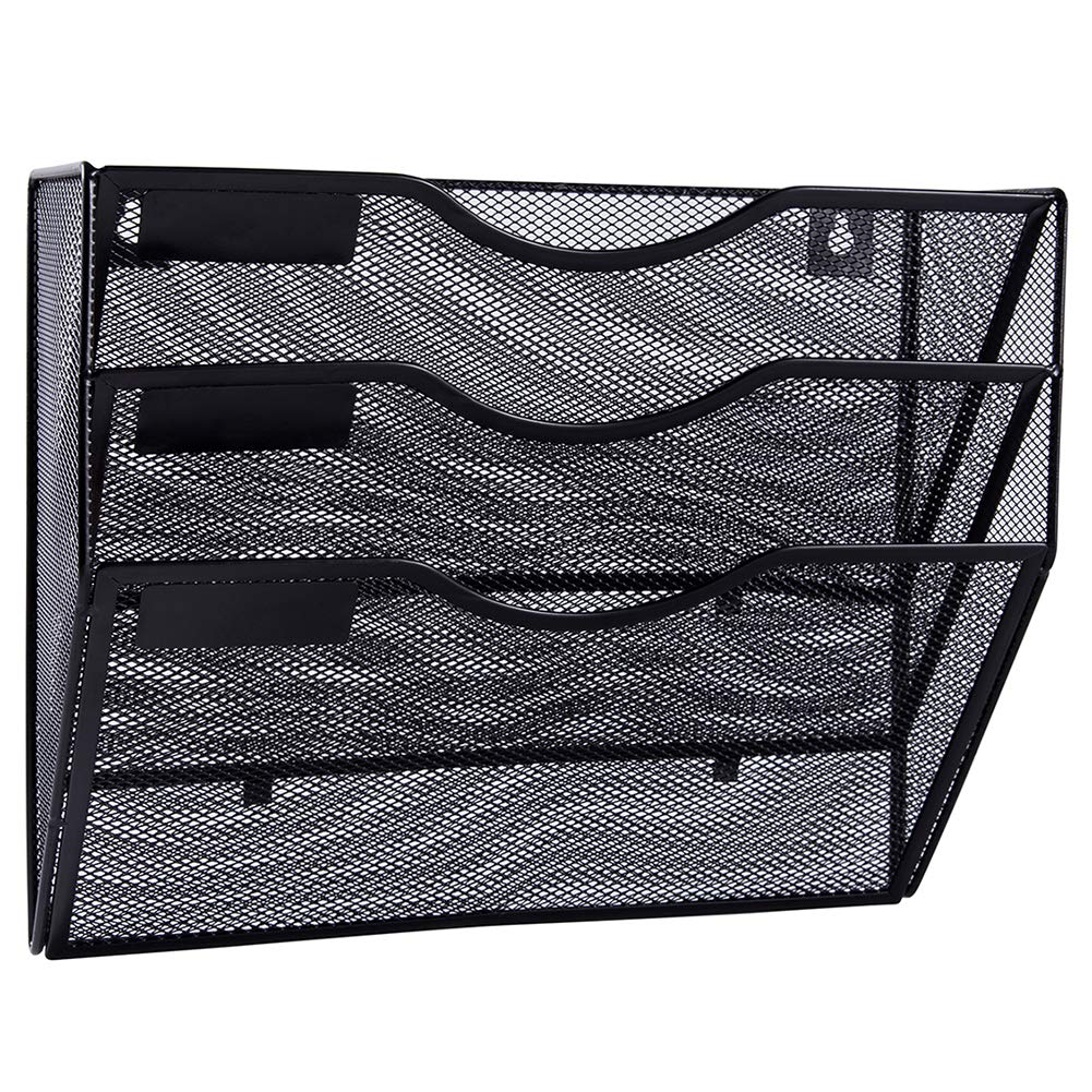 EASEPRES 3-Pocket Mesh Wall File Organizer - Wall Mounted Document Holder for Mail, Papers & Magazines - Office, Home & School Storage Solution with Label Tag - Perfect for Desk Organization & Space Saving (Black)