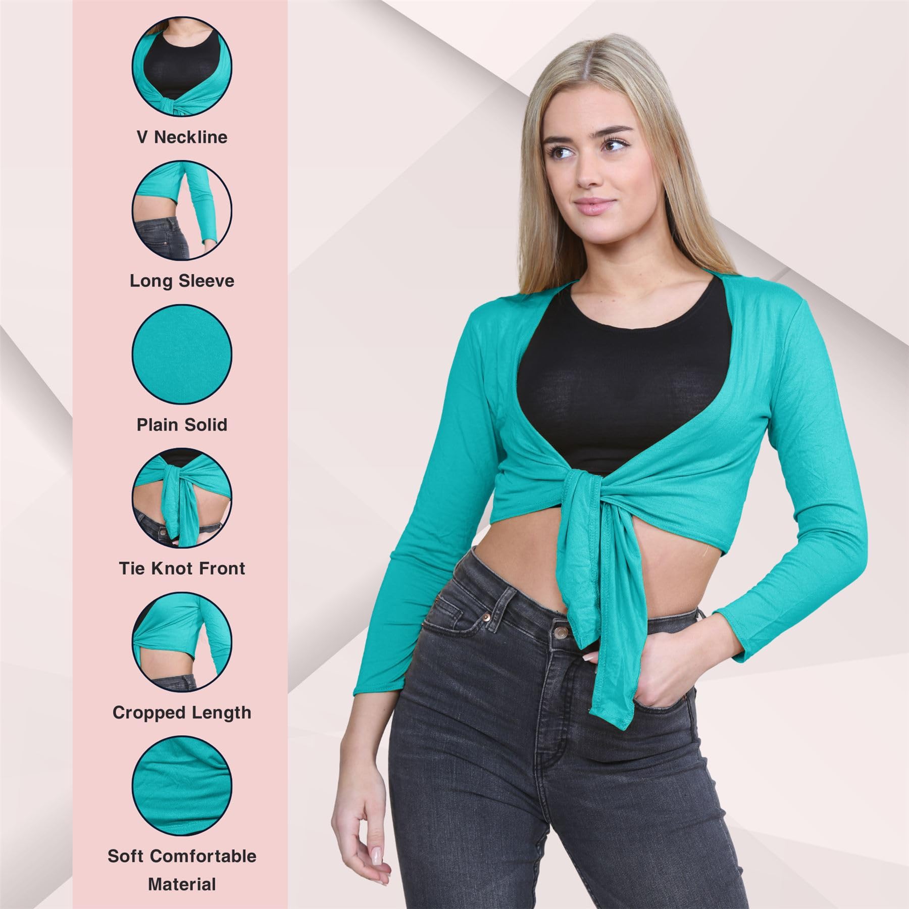 Janisramone® Women's Long Sleeve Cropped Cardigan with Front Tie - Stylish Bolero Shrug for Dresses | Perfect for Office, Date Night & Special Occasions