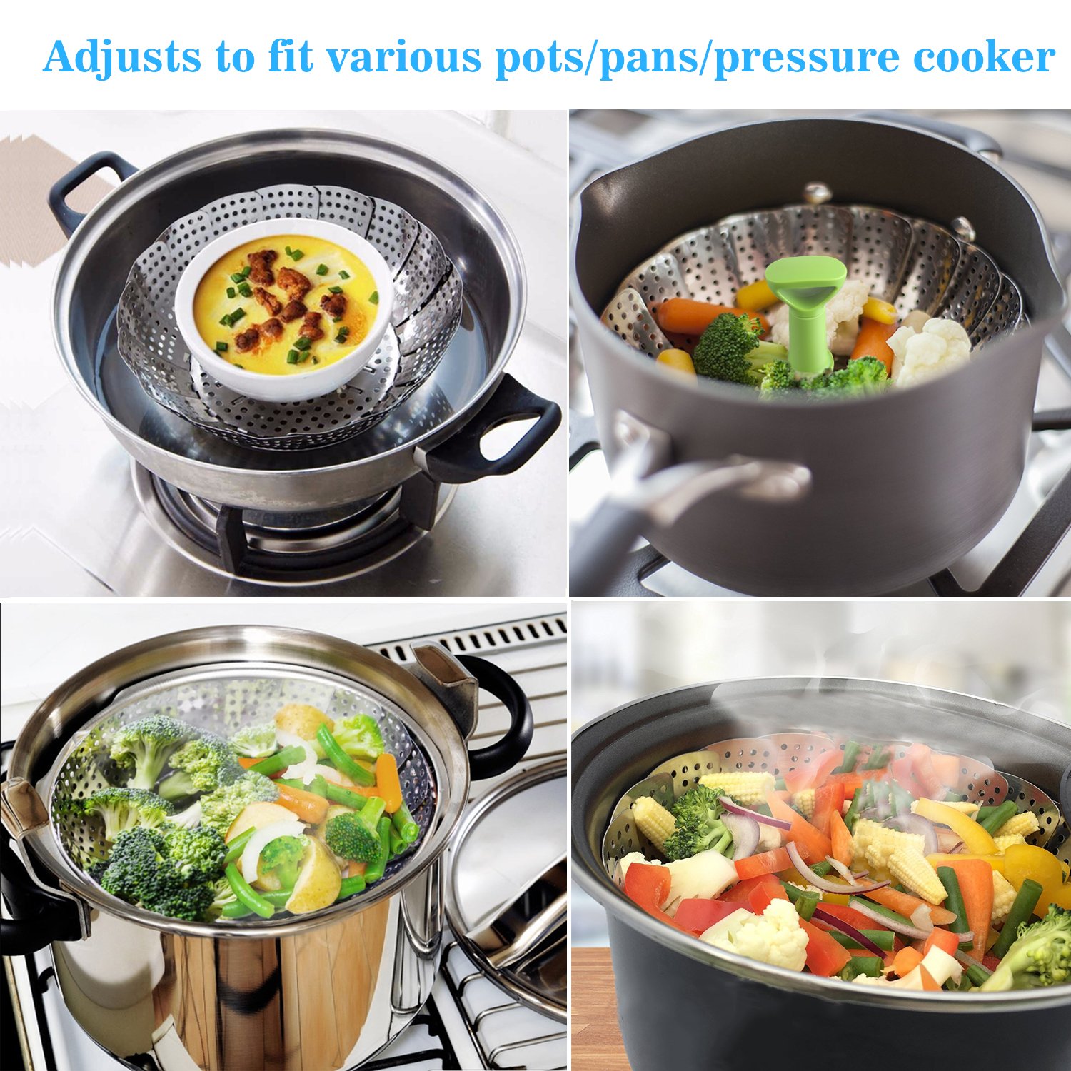 Stainless Steel Expandable Vegetable Steamer Basket for Cooking - Folding Steamer Insert with Extendable Handle Fits 6.4