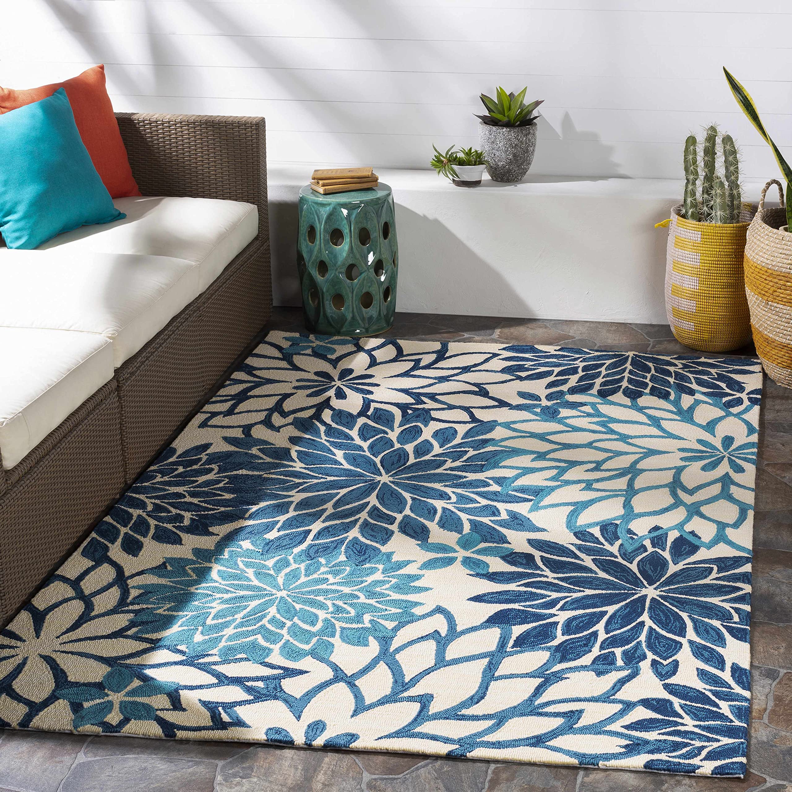 Premium Hauteloom Repton Indoor/Outdoor Area Rug - Soft Beige & Blue Design - 8' x 10' - Perfect for Living Room, Bedroom, Patio & Deck Decor