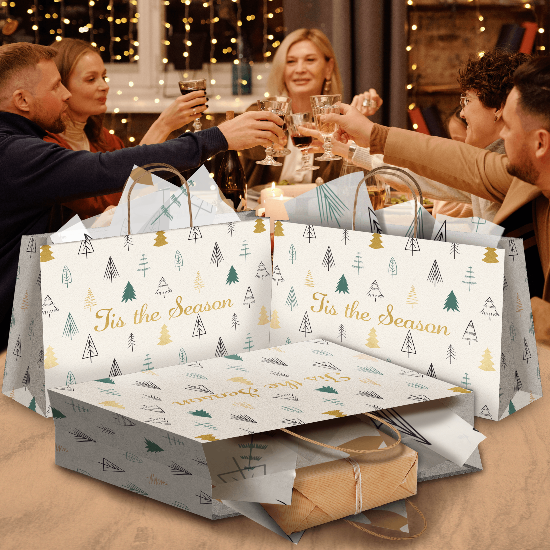 Eco-Friendly Fir Trees Christmas Kraft Shopping Bags with Handles - 11.5x16x6 Inches - Holiday Gift Bags for Christmas Parties, Decorations & Festive Shopping