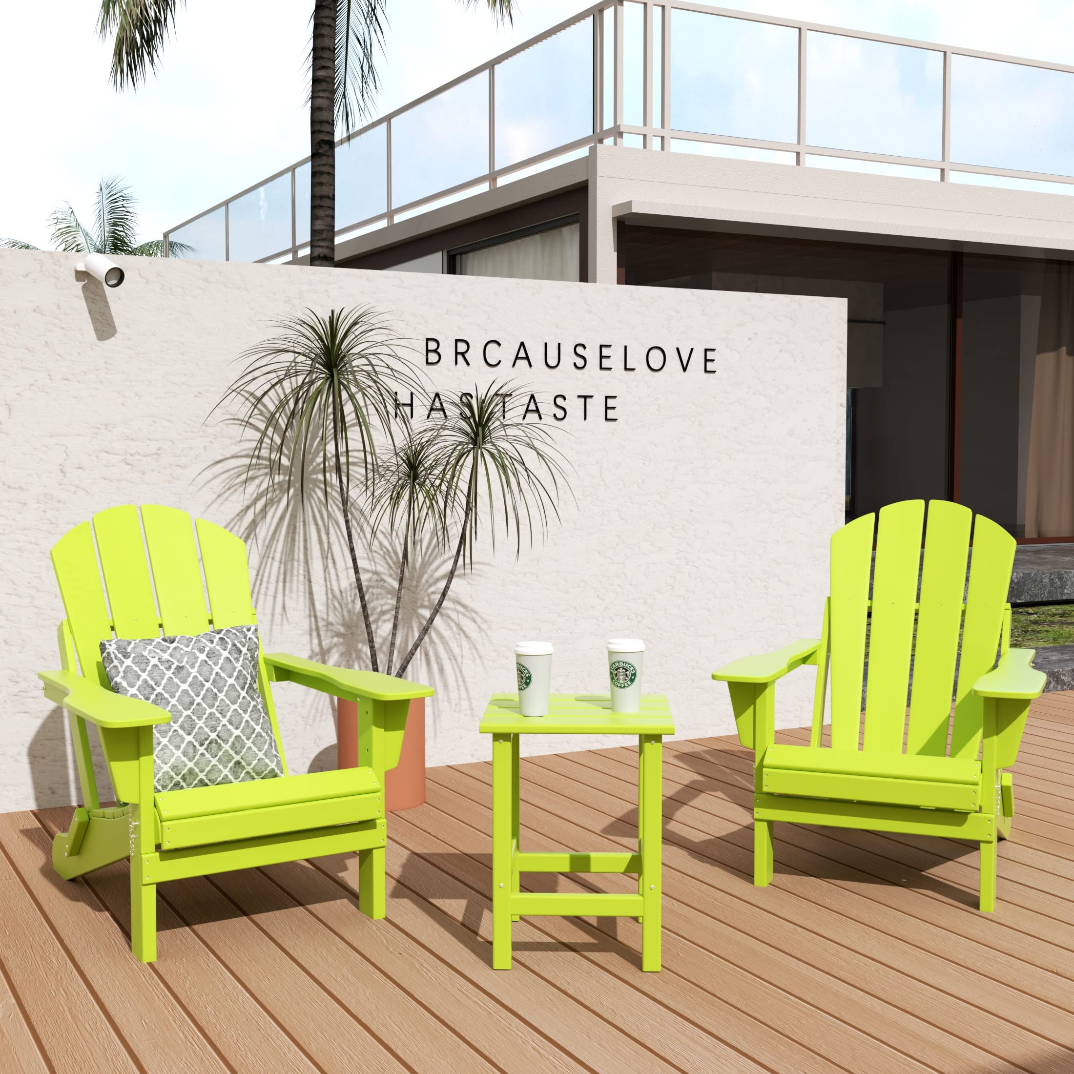 WO Home Furniture 3-Piece Outdoor Adirondack Chair Set with Side Table - Folding, Weather & UV Resistant Patio Furniture for Lawn, Garden, Bonfire, Balcony, Poolside (Lime Green) - Perfect for Backyard Relaxation, Summer Gatherings & Outdoor Entertaining