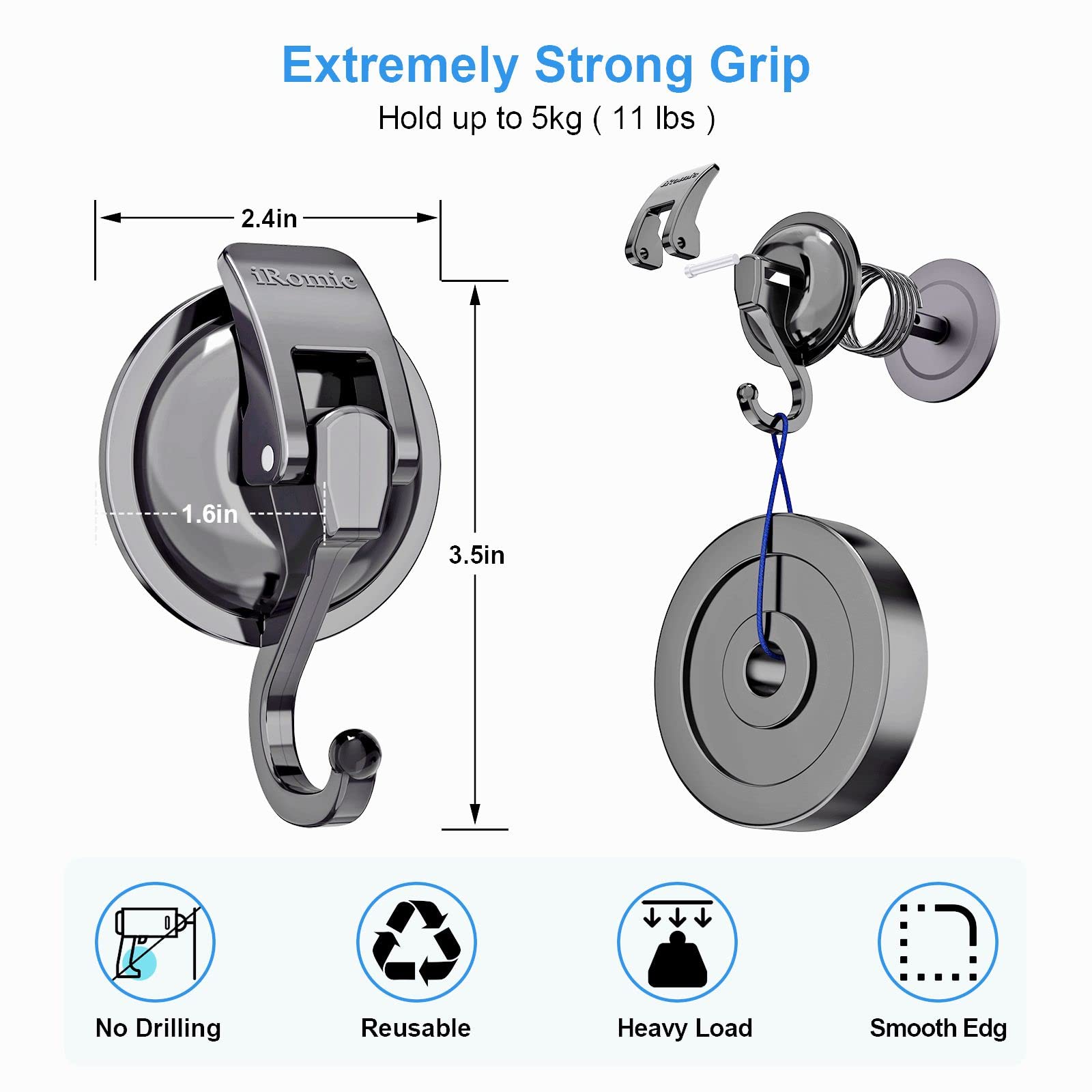 Heavy Duty Vacuum Suction Cup Hooks (2 Pack) - Strong Adhesive Hooks for Shower, Glass Window, Kitchen, Bathroom & Restroom Organization - Gunmetal Silver - Perfect for Hanging Towels, Robes, and Decor in Wet Areas