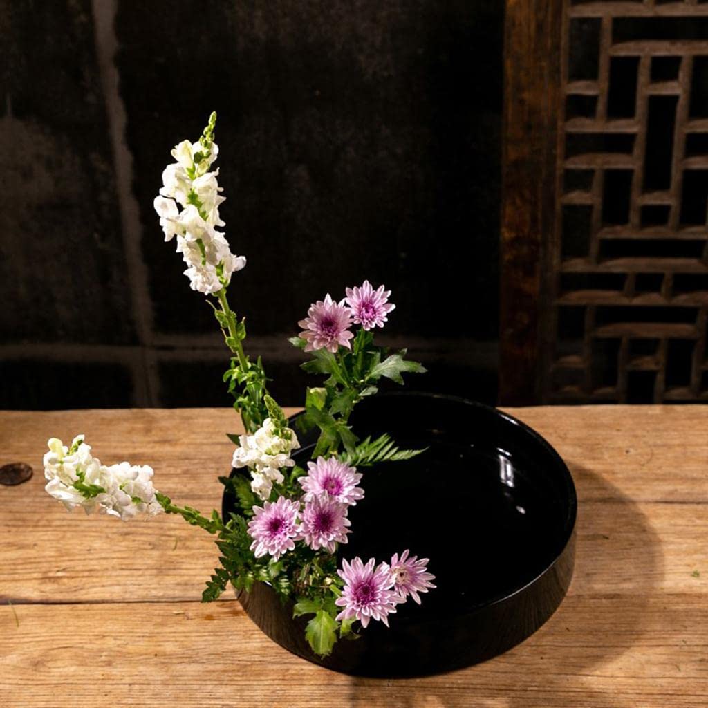 Black Plastic Round Ikebana Suiban Vase - 23cm Bonsai Flower Pot Container for Japanese Floral Arrangement, Zen Decor & Table Centerpiece