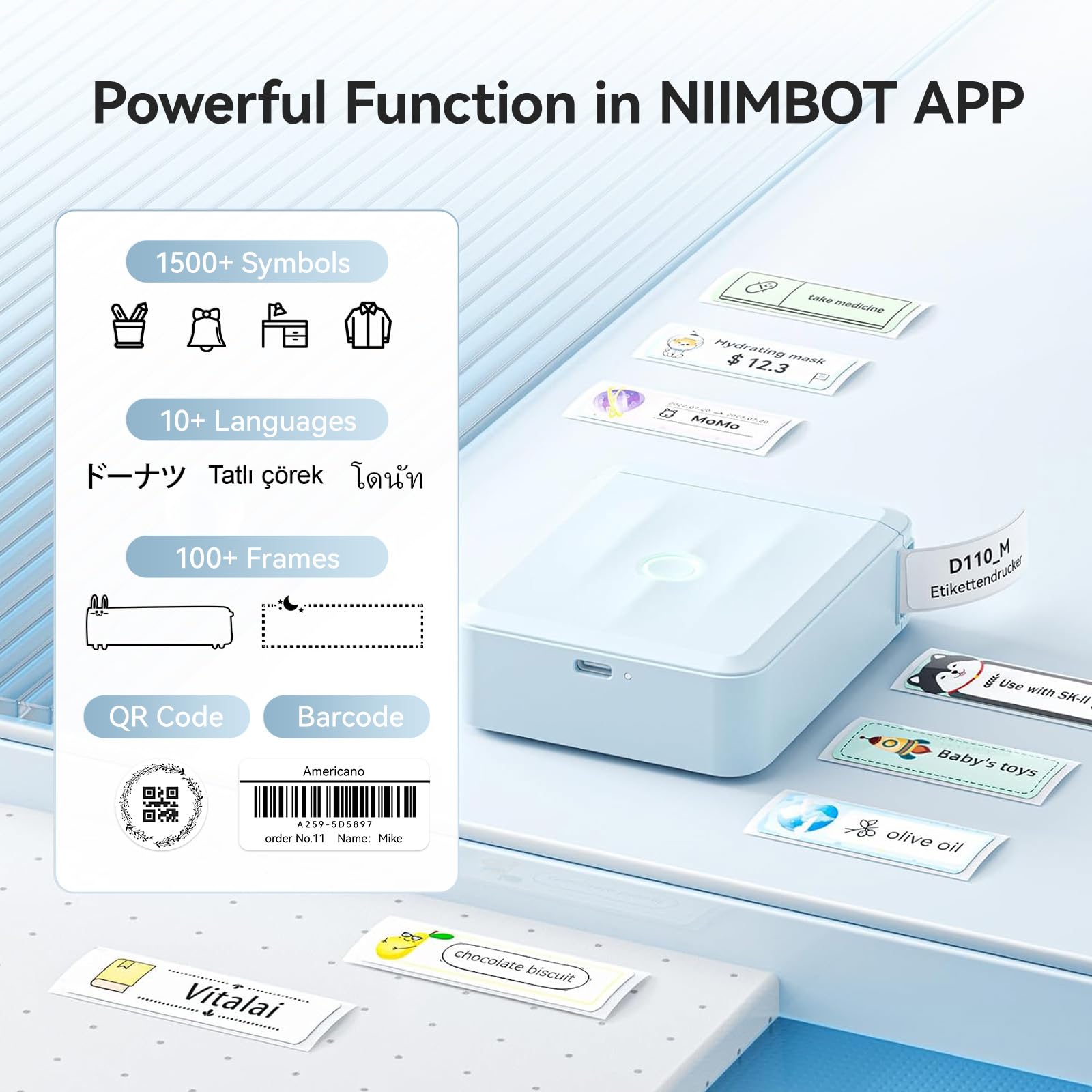 NIIMBOT D110 Bluetooth Label Maker Machine - Handheld Thermal Label Printer with Tape, Sticker Maker for Home, Office, Kitchen & School Organization | Perfect for Labeling Storage Boxes, Files & School Supplies (Blue)