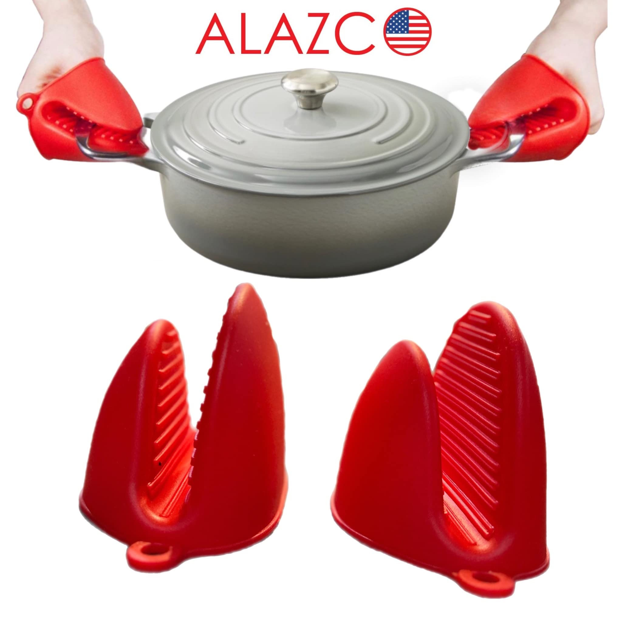 2 Pairs (4pcs) ALAZCO Heat Resistant Red Mini Oven Mitts - Food Grade Silicone Pinch Mitt Gloves & Potholders for Kitchen Cooking, Baking, BBQ - Perfect for Hot Pans, Grilling & Baking Cookies