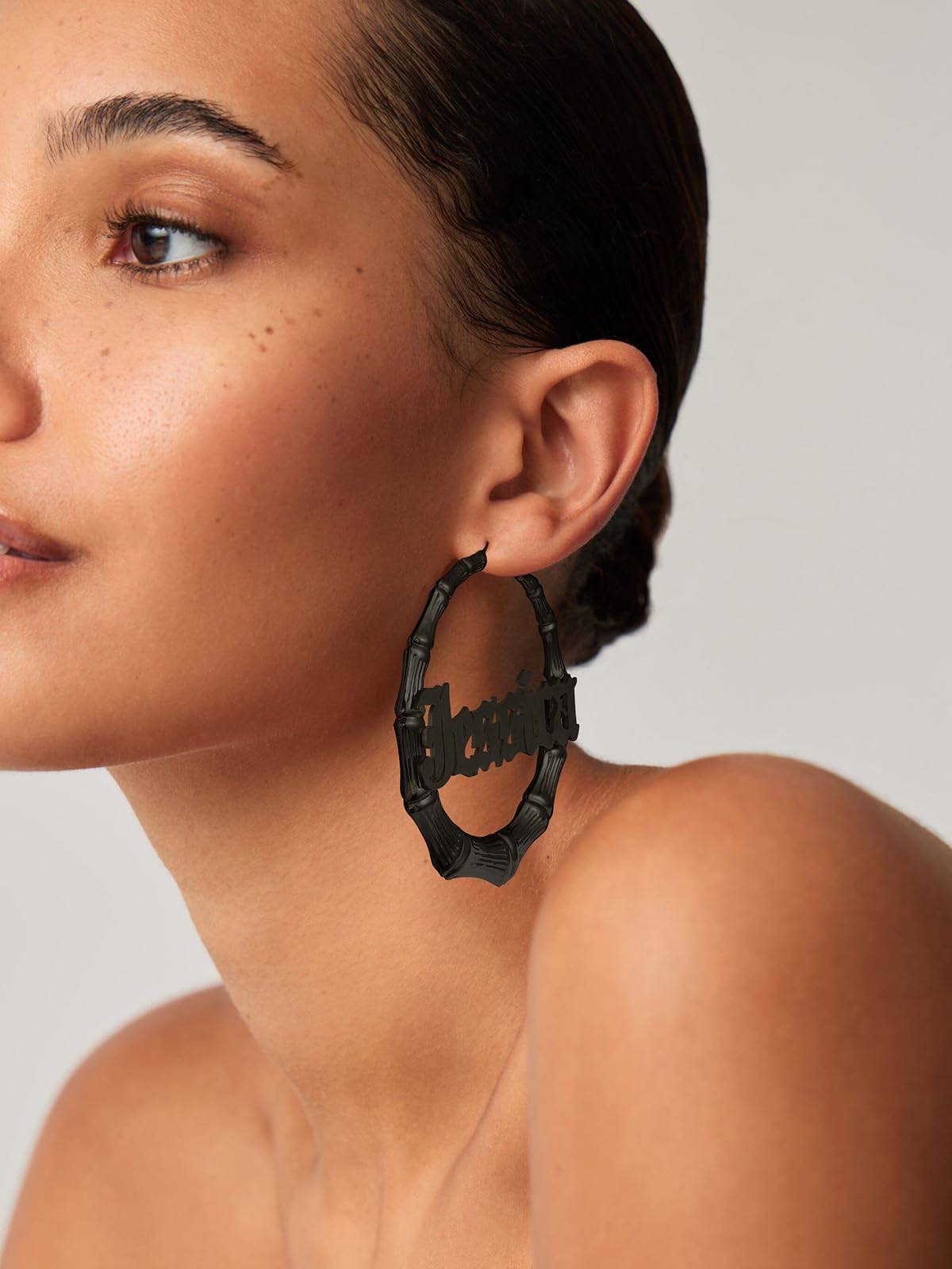 U7 Bamboo Hoop Earrings for Women - Stainless Steel, 18K Gold Plated, Personalized Black Statement Earrings - Extra Large Hip Hop Name Hoops - Perfect for Parties, Fashion Jewelry & Gifts (Gift Box Included) | Great for Night Out, Concert, Birthday & Special Occasions