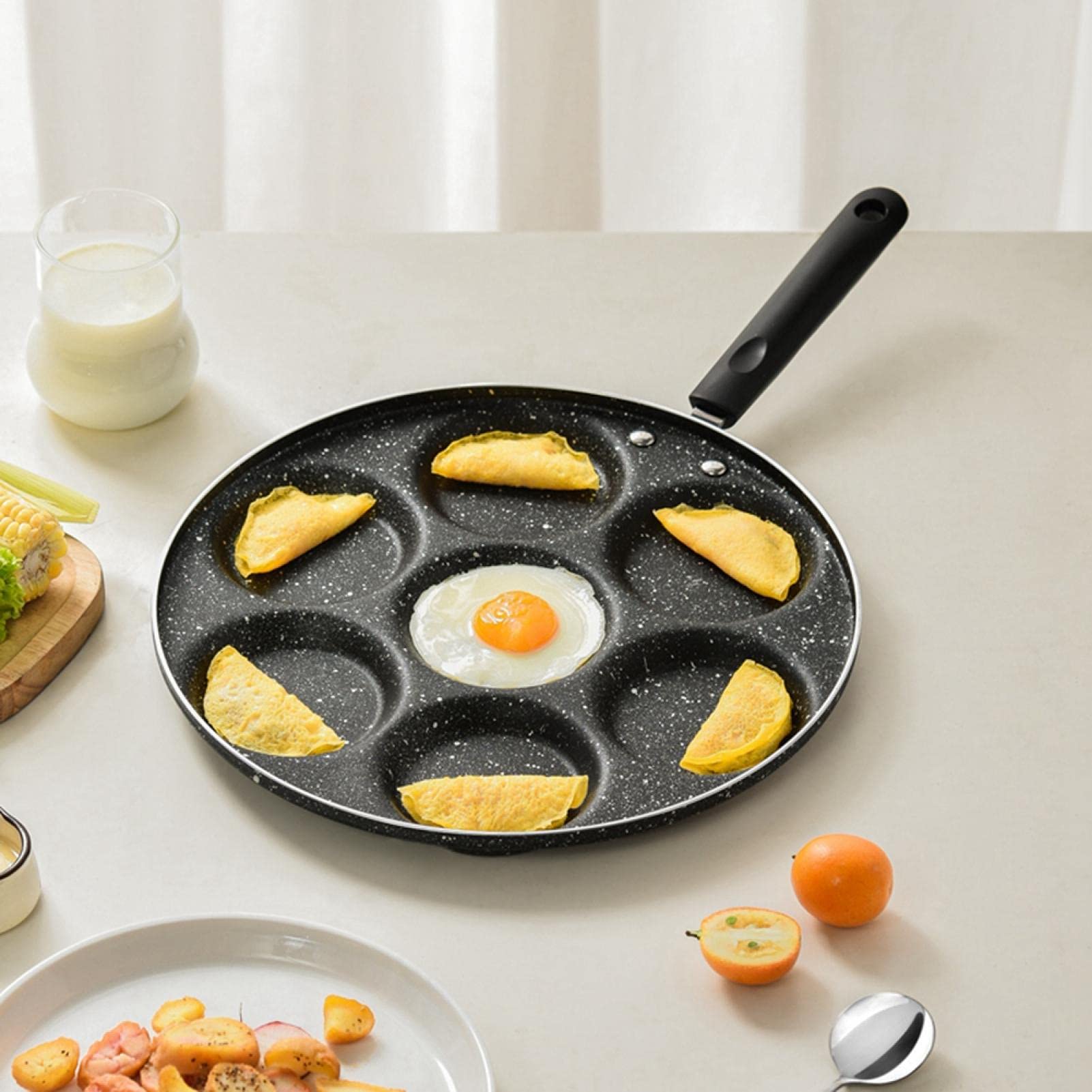 7-Hole Nonstick Egg Frying Pan - Multifunctional Omelette Cookware with Heat-Resistant Handle for Perfect Breakfast - Ideal for Pancakes, Crepes & Sandwiches Making at Home