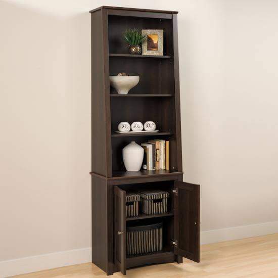 Espresso Tall Slant Back Bookcase with 2 Shaker Doors - Modern Wooden Bookshelf for Living Room, Bedroom & Office Storage - Perfect for Home Decor and Organizing Books, Decor Items
