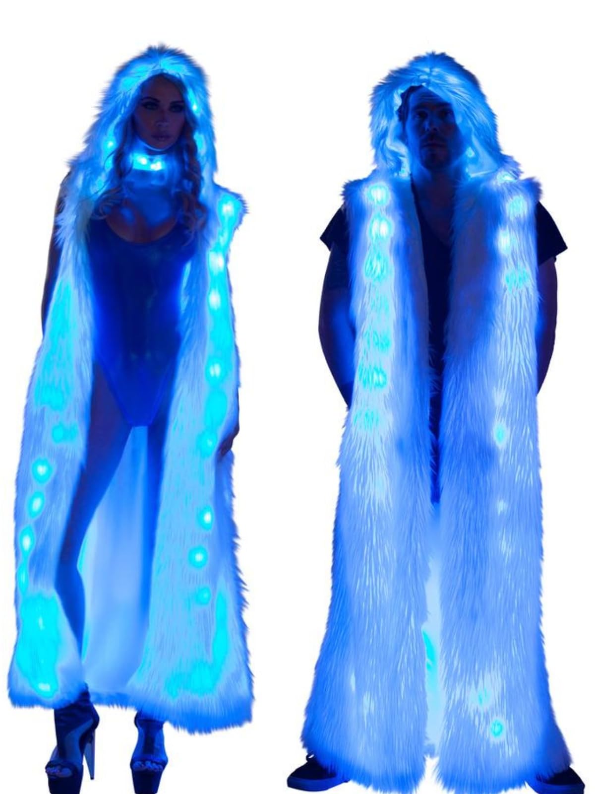 Glow in the Dark LED Fur Coat Jacket - Light Up Disco Rave Jacket for Women & Girls - EDM Party Costume & Festival Clothing - Perfect for Nightclubs, Concerts, Halloween & Rave Parties