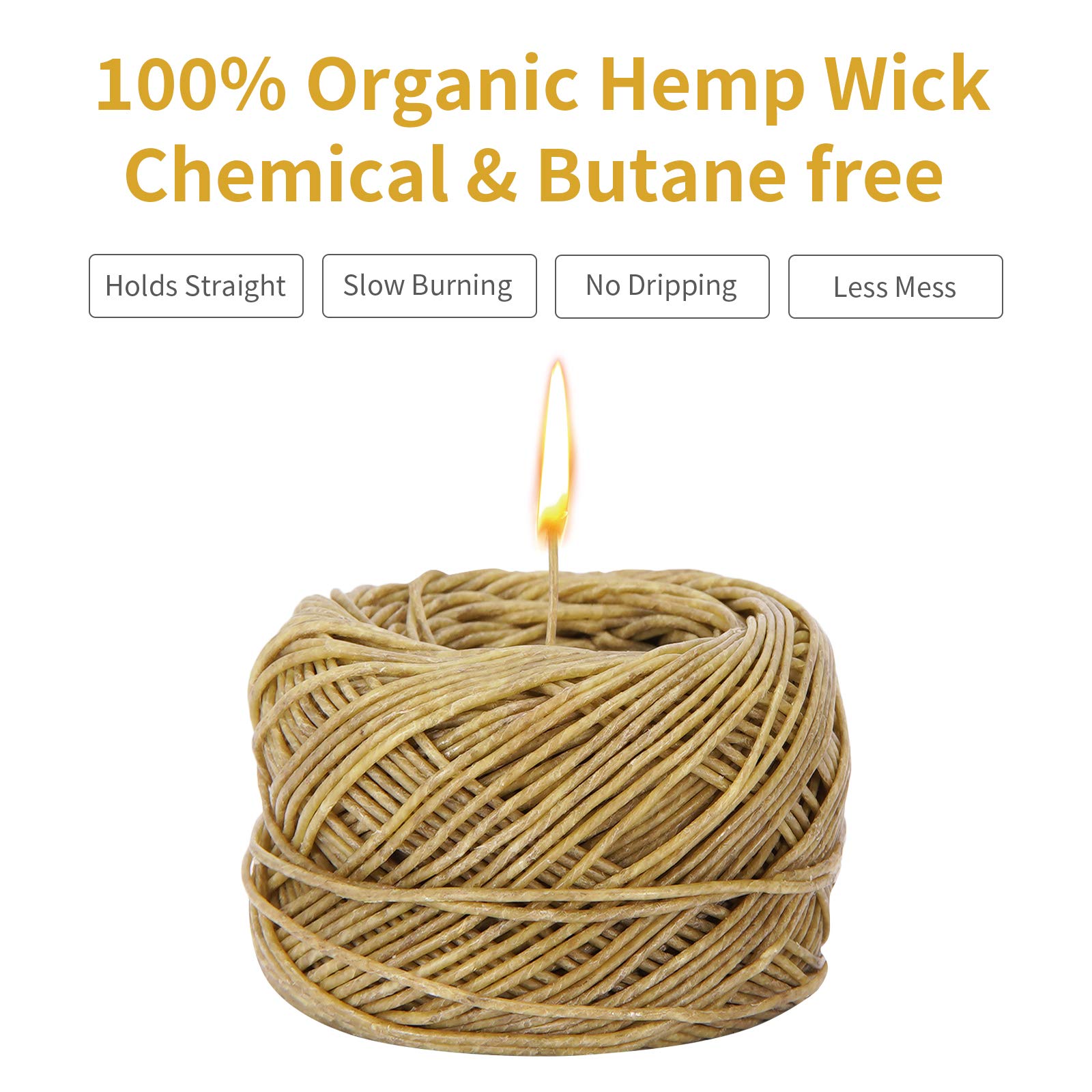 **CHEFBEE 200 FT Organic Hemp Wick - Natural Beeswax Coated for Slow Burning, No Drip - Perfect for DIY Candle Making, Hemp Wick Lighters & Aromatherapy (1.1mm Standard Size)**
