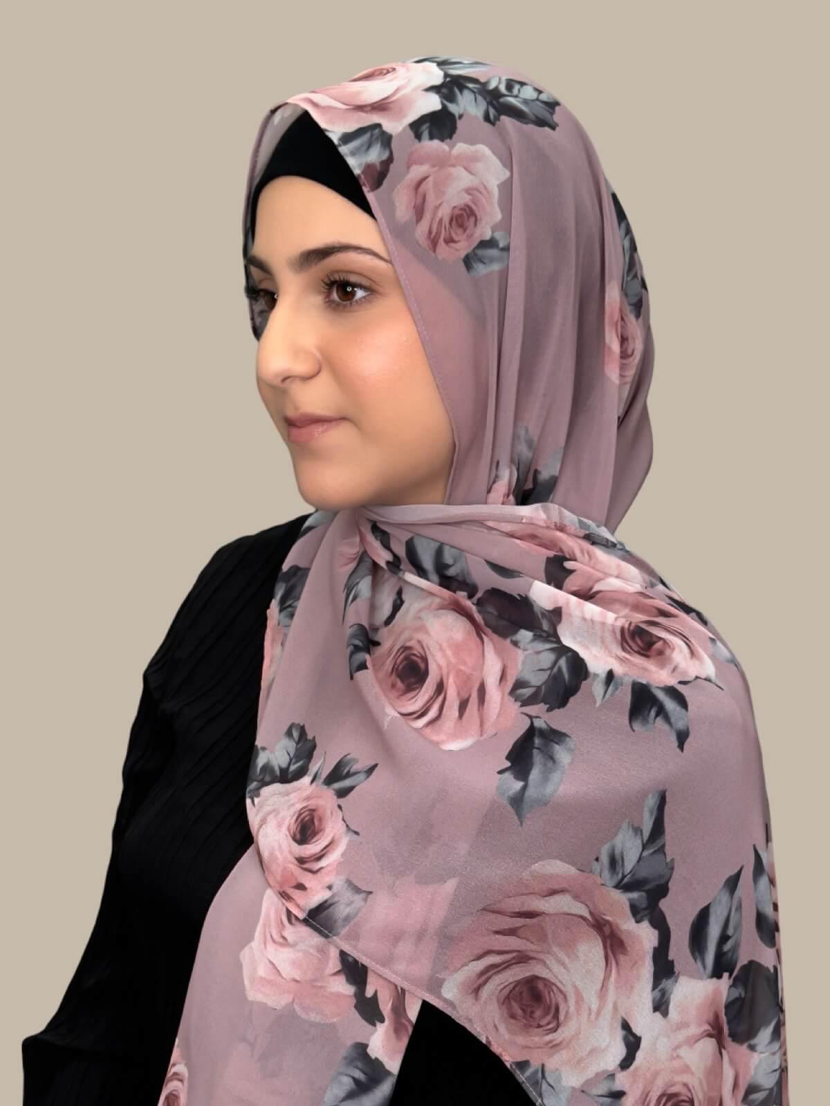 Elegant Printed Chiffon Hijab for Women - Neutral Rosette Design - Perfect for Daily Wear, Work & Special Occasions