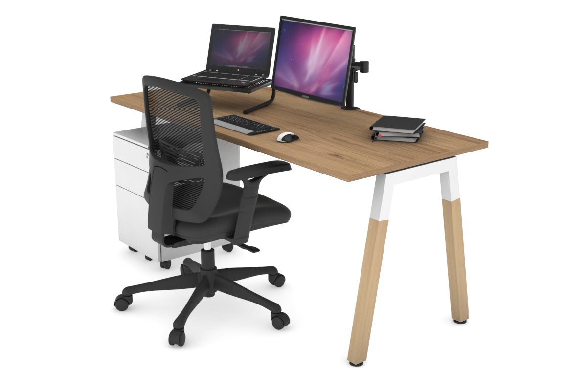 Quadro A Legs Office Desk with Wooden Legs & Cross Beam [1400L x 700W] - Sturdy Modern Workstation for Home Office, Study Room or Workspace
