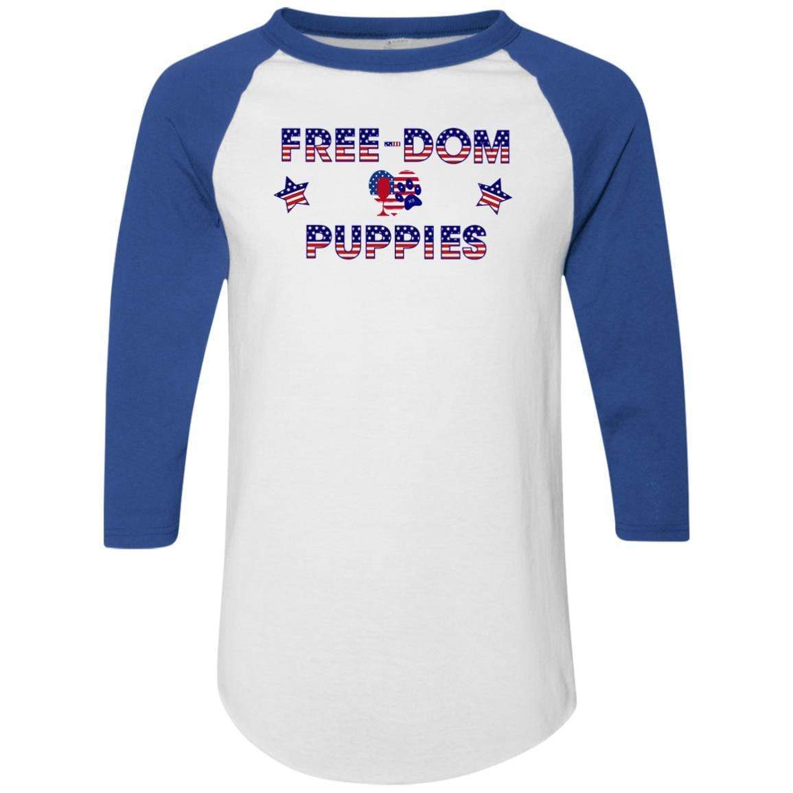 WineyBitches.Co Free Dom Puppies Colorblock Raglan Jersey - Trendy Women's Baseball Tee for Casual Wear, Street Style & Dog Lover Outfits