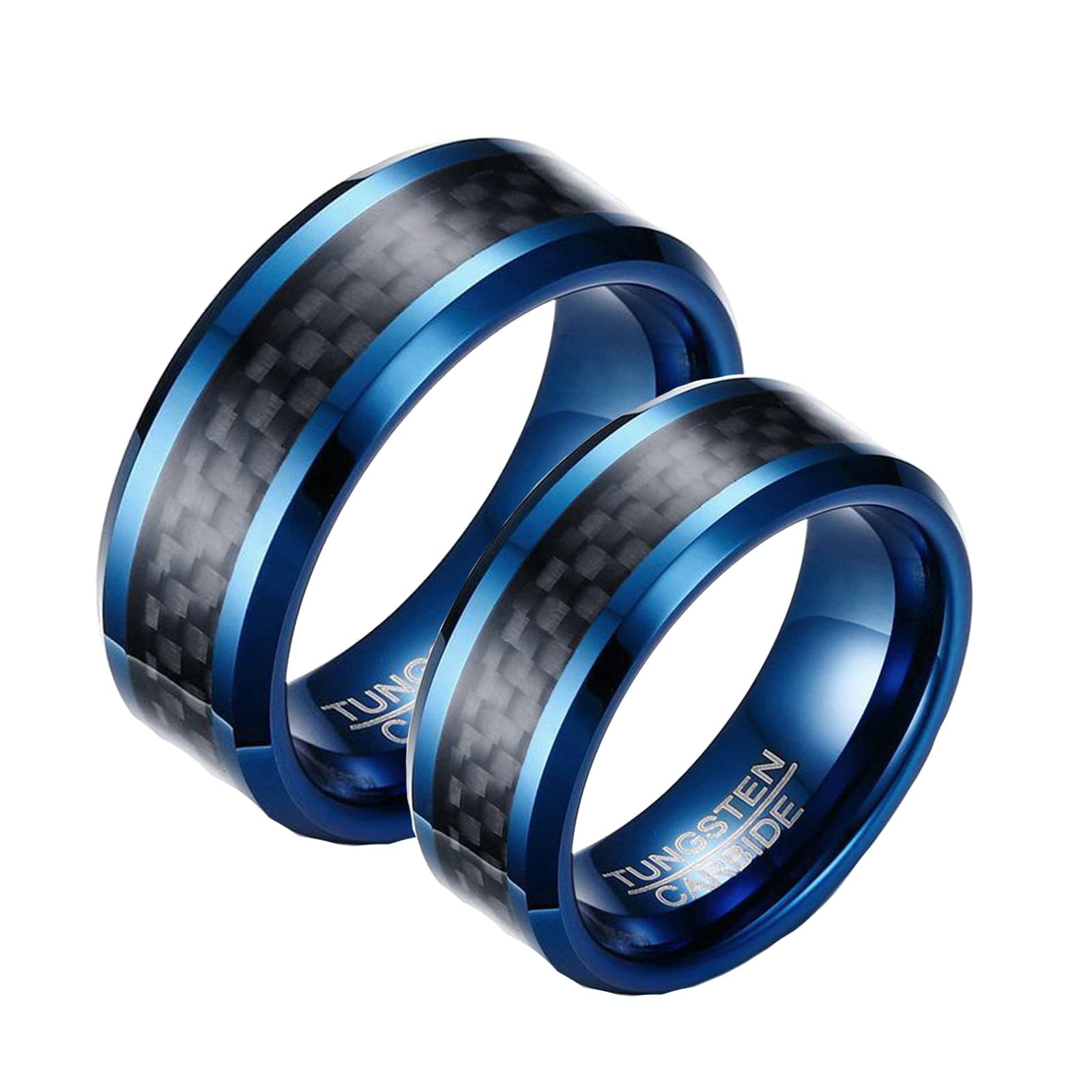 His and Her Tungsten Wedding Bands with Carbon Fiber Inlay - Blue & Black Engagement Rings for Couples - Personalized Engraved Matching Rings Set - Perfect for Anniversaries, Proposals & Romantic Gifts