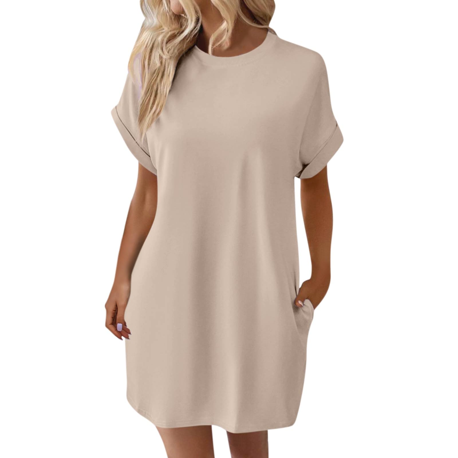 2025 Summer Dresses for Women - Solid Color Crewneck Short Sleeve T-Shirt Dress, Loose Fit Beach Vacation Mini Dress | Casual Outing, Pool Party, Summer Travel