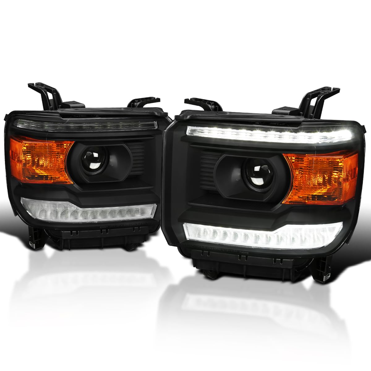 Spec-D Tuning Black Projector Headlights with LED Strip for 2014-2015 GMC Sierra 1500/2500/3500 (Base/Denali/SLE/SLT) - Left & Right Pair Headlamp Assembly - Upgrade Your Truck's Style & Night Visibility