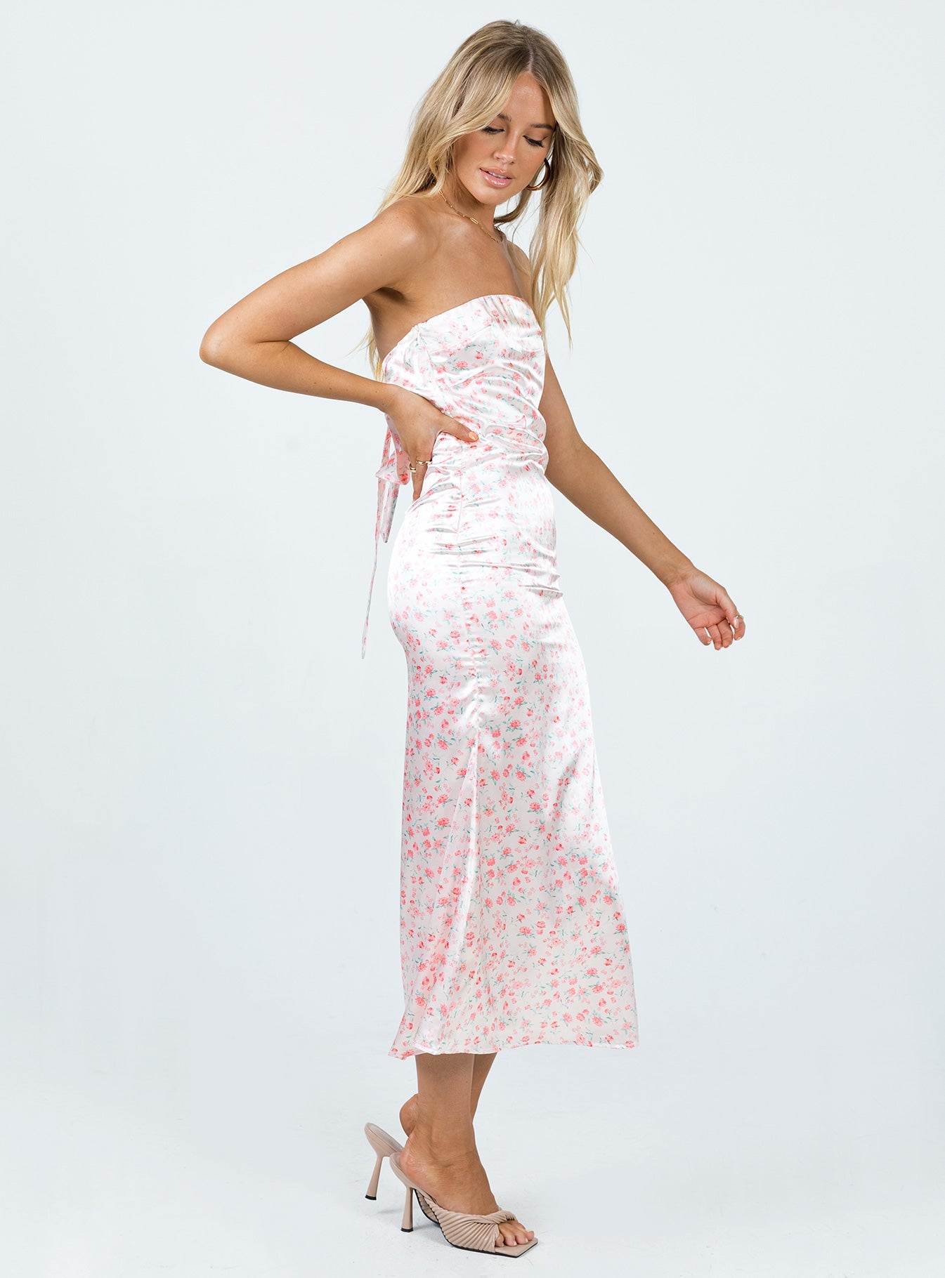Barnsley Strapless Midi Dress in Pink Floral Print - Perfect for Summer Weddings, Garden Parties & Date Nights