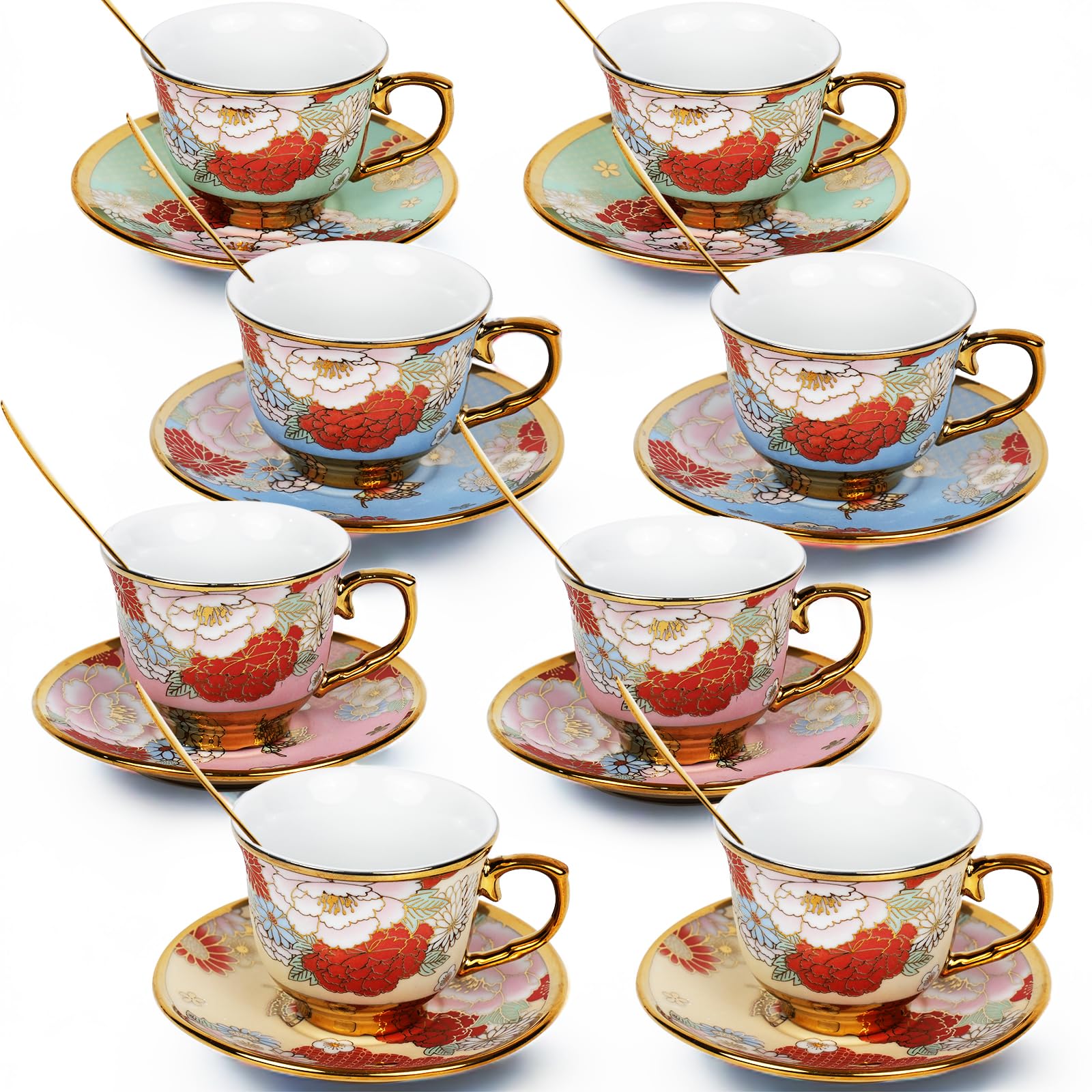 8-Piece Vintage Floral Porcelain Tea Cup Set with Saucers & Gold Spoon - 3.5OZ Small Tea Cups for Indian Tea, Latte, Espresso & Afternoon Tea - Perfect for Birthday Parties, Bridal Showers & English Tea Time Gatherings