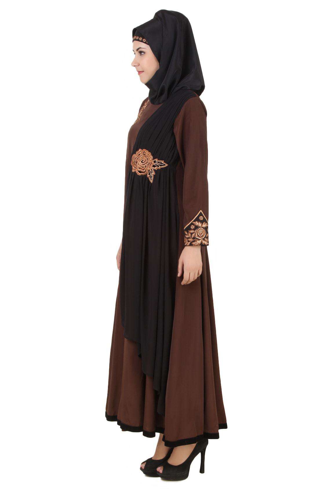 Elegant Brown Crepe and Georgette Eid Abaya Dress for Women - Perfect for Islamic Holidays, Prayer & Special Occasions
