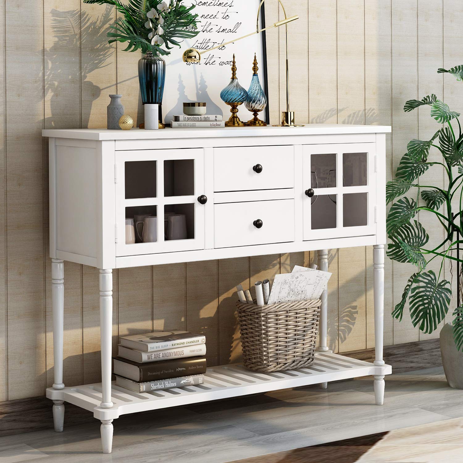 Merax White Sofa Table Buffet Console Table with 2 Storage Drawers & Cabinets - Entryway, Hallway, Living Room Sideboard Cabinet for Home Decor & Organization