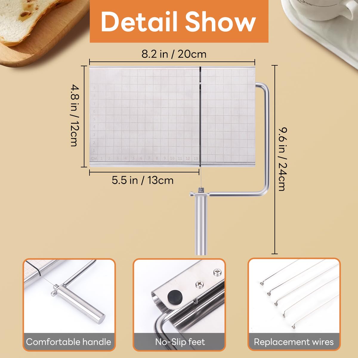 Premium Stainless Steel Cheese Slicer with Wire Cutter - Heavy Duty Cheese Board for Block Cheese, Includes 3 Extra Replacement Wires - Perfect for Kitchen, Party Platters & Charcuterie Boards