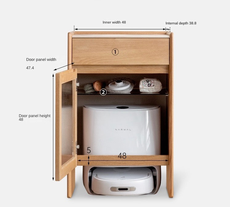 Solid Oak Wood Side Cabinet for Robot Vacuum Storage - Modern Rock Slab Design - Perfect for Living Room, Bedroom, or Home Office Organization