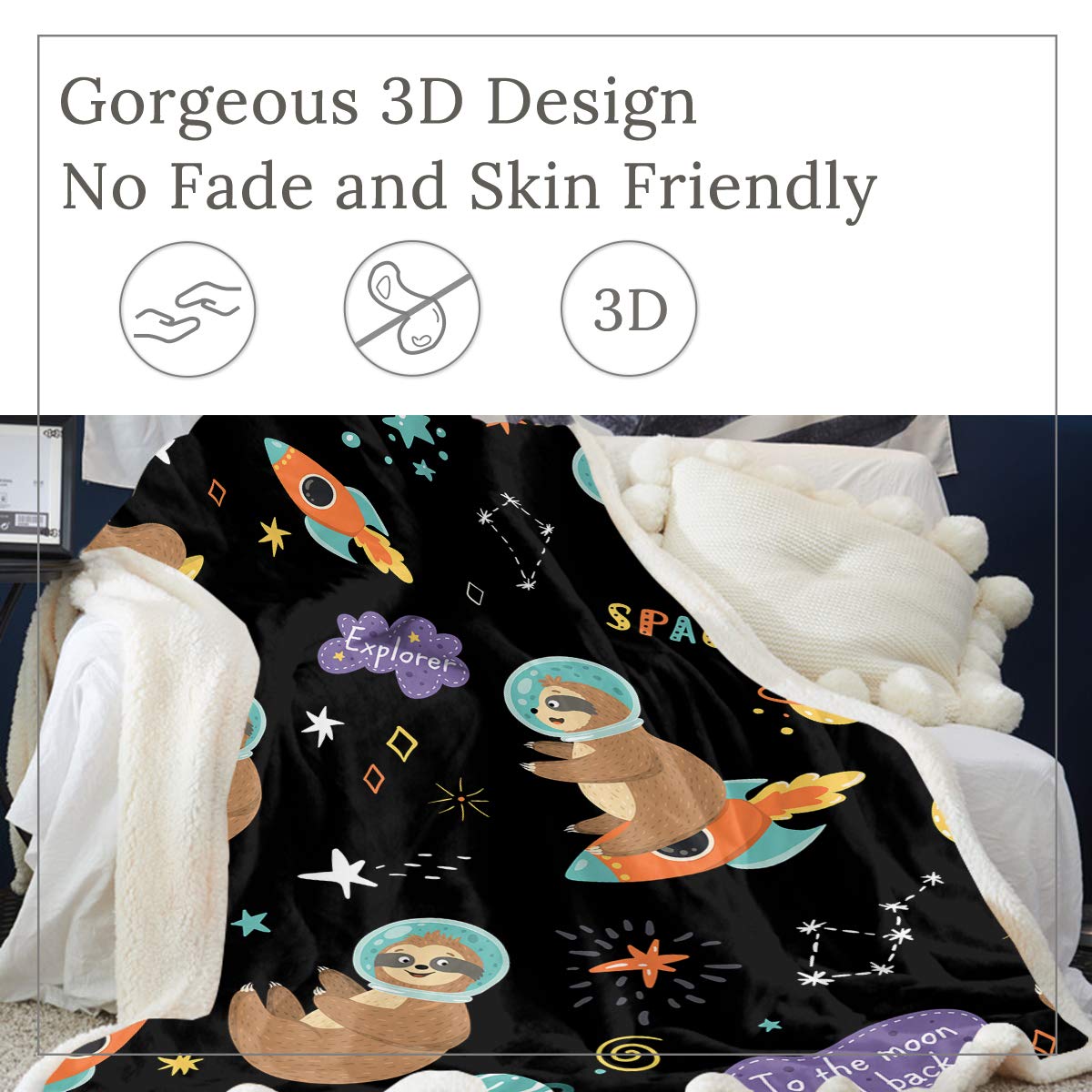Space Sloth Astronaut Fleece Blanket - Twin Size 60x80 Inches - Soft Cartoon Planet Rocket Design for Kids Room, Bedroom Decor - Perfect for Cozy Nights, Movie Time & Gift Giving