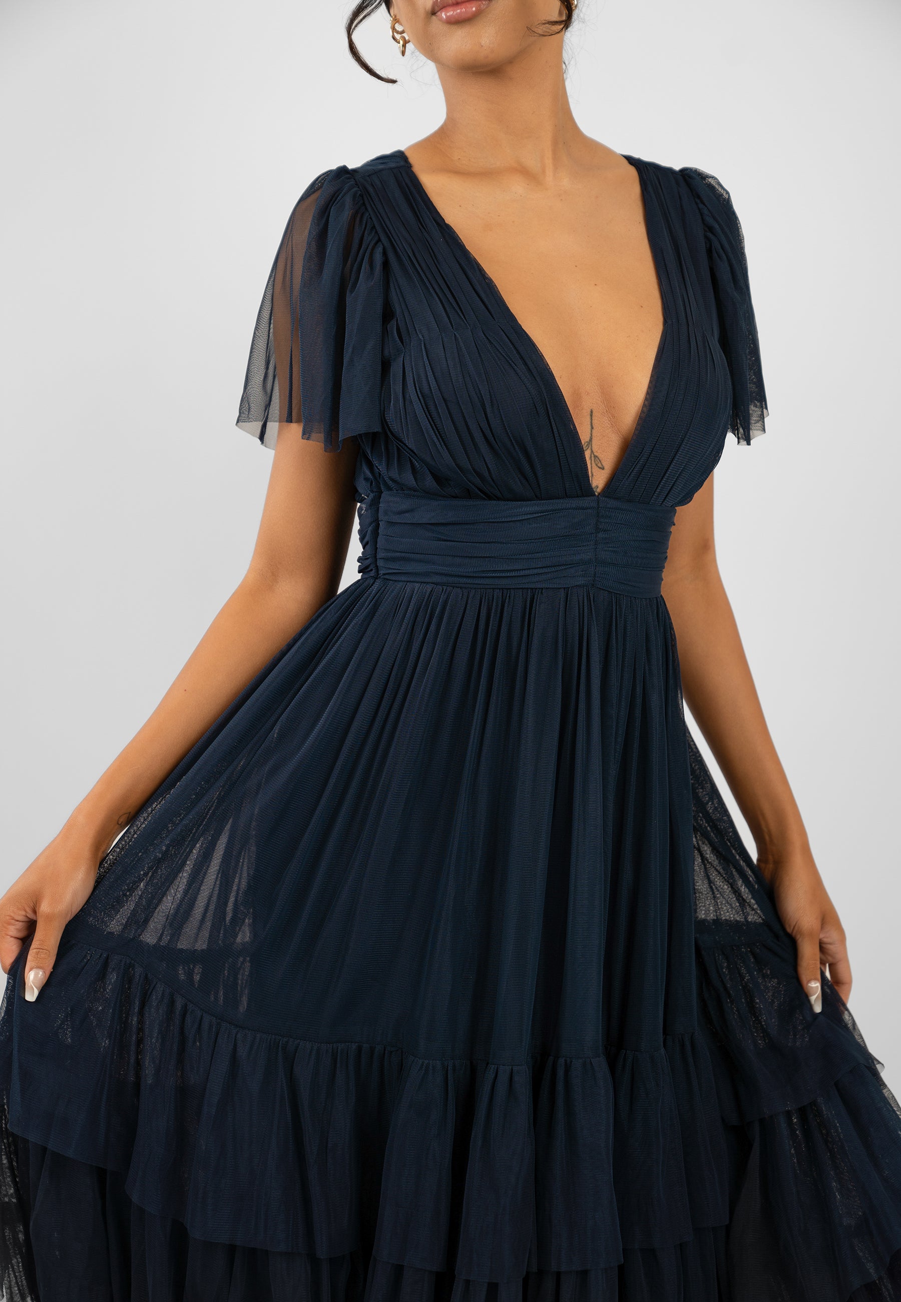Madison Navy Blue Tulle Bridesmaid Midi Dress - Elegant Formal Wedding Party Gown for Bridesmaids, Evening Events & Special Occasions