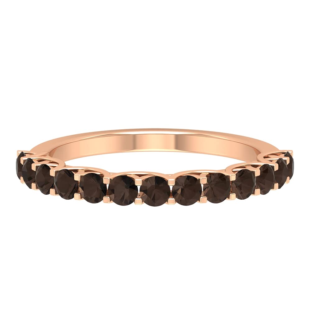 Rosec Jewels 14K Solid Gold Smoky Quartz Ring for Women - June Birthstone Half Eternity Ring with Trellis Setting | Elegant Jewelry Gift for Anniversary, Birthday & Special Occasions
