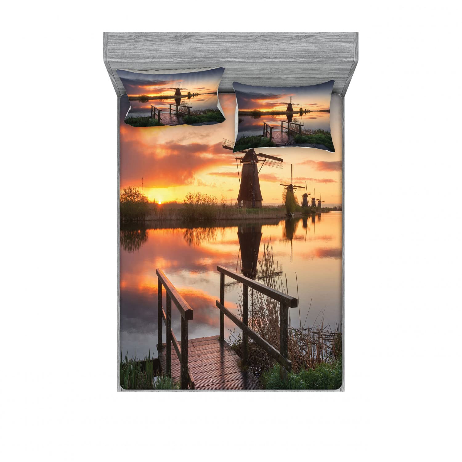 Ambesonne Dutch Windmill River 2-Pack Fitted Sheet & Pillow Sham Set - 4 Piece Bedding Decor (2 Twin XL Fitted Sheets + 4 Pillow Covers) in Orange & Blue - Perfect for Guest Rooms, Vacation Homes & Dorm Decor