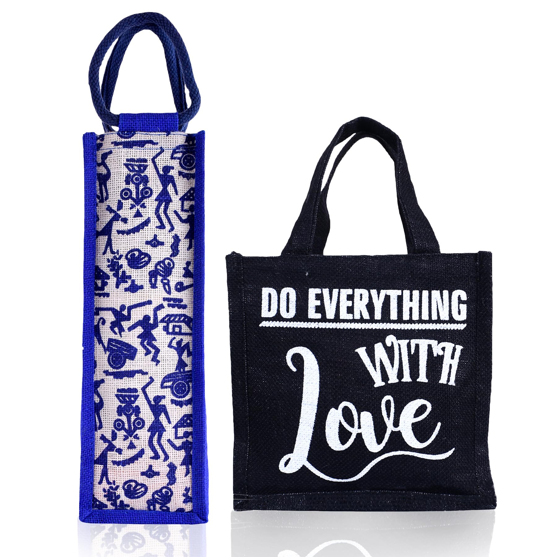 Kuber Industries Insulated Lunch Bag and Water Bottle Holder Combo Set - Reusable Jute Lunch Tote with Bottle Pouch for Office, School, Picnic, Gym & Travel - Set of 2 (Multi-Color)