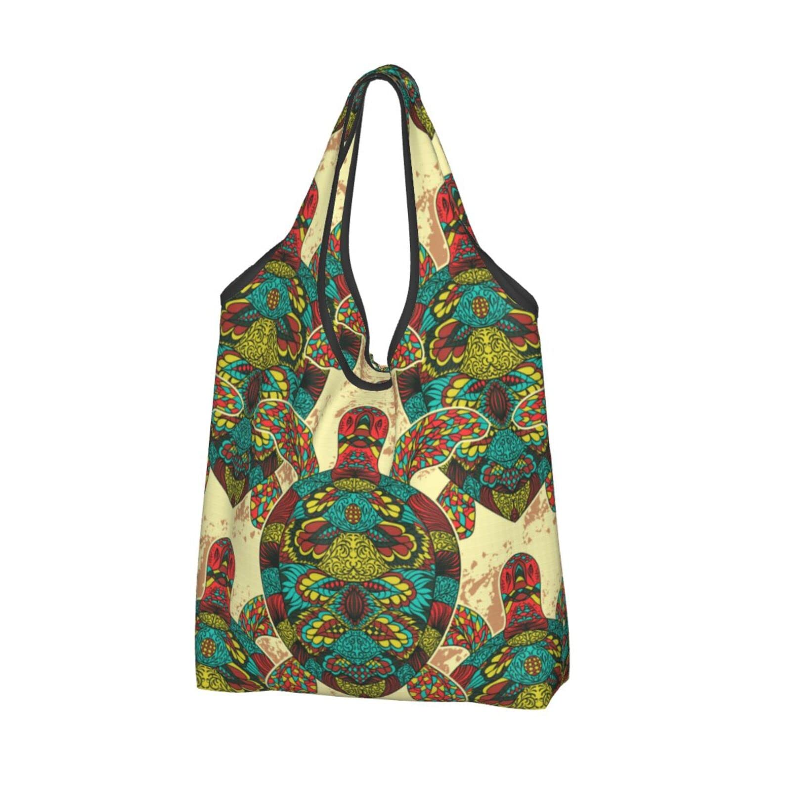 Vintage Colorful Turtle Print Reusable Shopping Bags - Waterproof Foldable Grocery Tote Bag for Women & Men - Perfect for Grocery Shopping, Beach Trips & Eco-Friendly Lifestyle