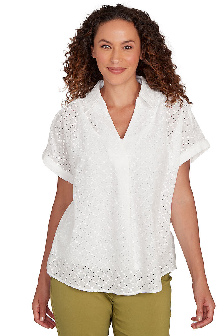 Peachy Keen Pleated Eyelet Blouse for Women - Floral Print Summer Top with Ruffled Sleeves - Perfect for Office Wear, Date Night & Casual Outings