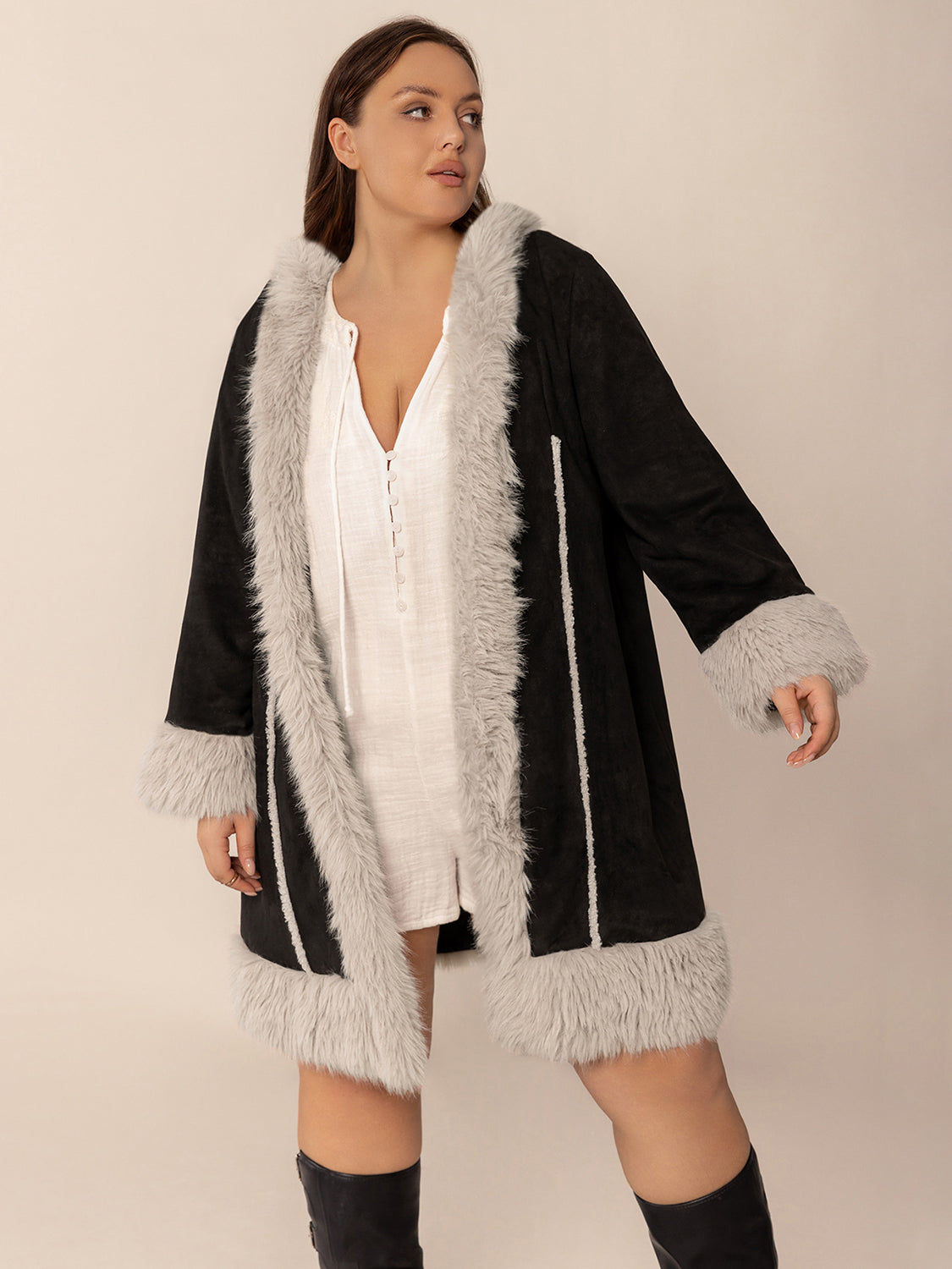 Plus Size Fuzzy Trim Open Front Long Sleeve Hooded Coat - Warm Winter Outerwear for Women, Cozy Loungewear & Casual Street Style Fashion