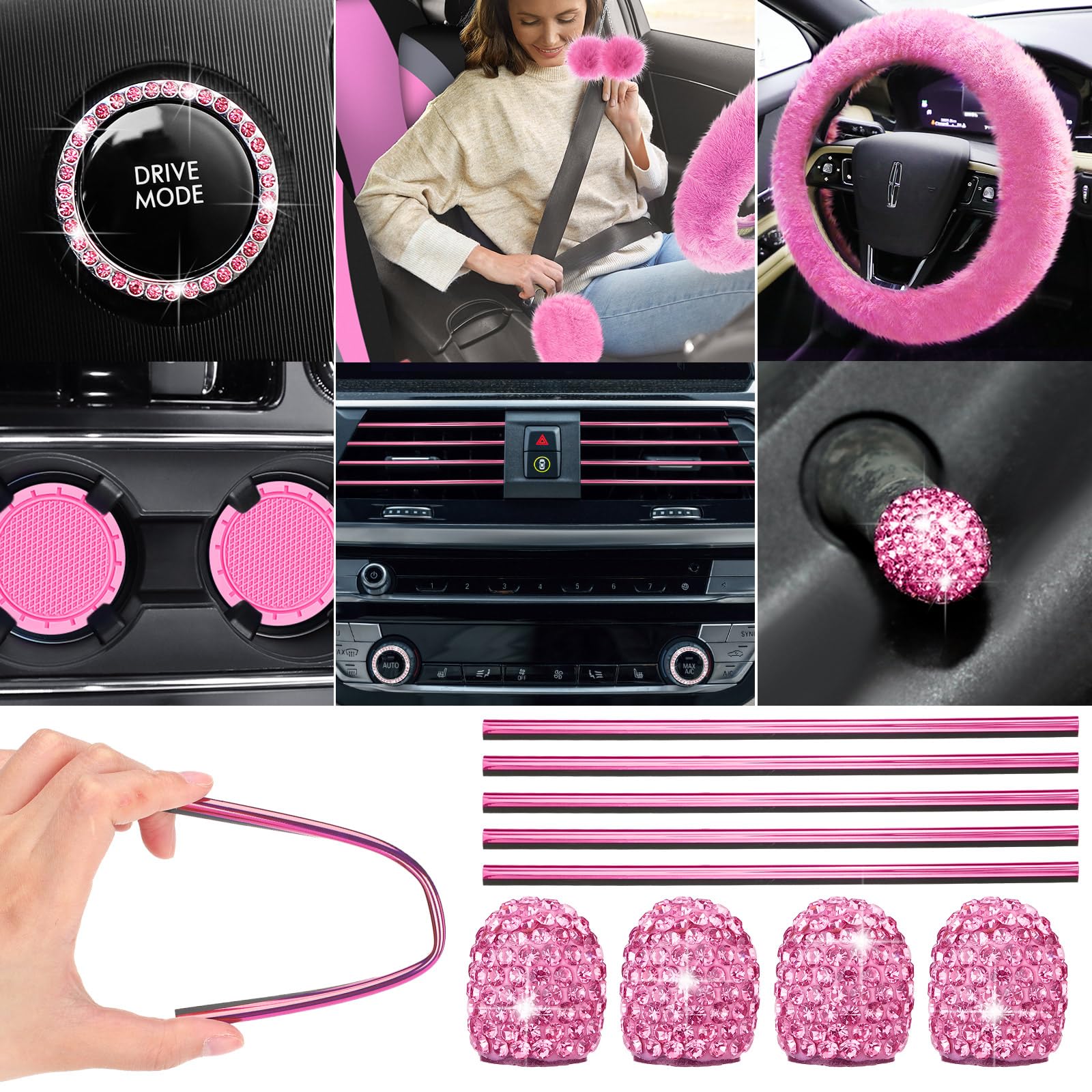 ROCEEI 43-Piece Fuzzy Car Seat Cover Set - Soft Front & Rear Seat Covers, Fluffy Steering Wheel Cover, Belt & Handbrake Protectors (Pink, Gray, Black) | Cozy Winter Car Accessories for Women, Perfect Christmas Gift & Cold Weather Comfort Upgrade