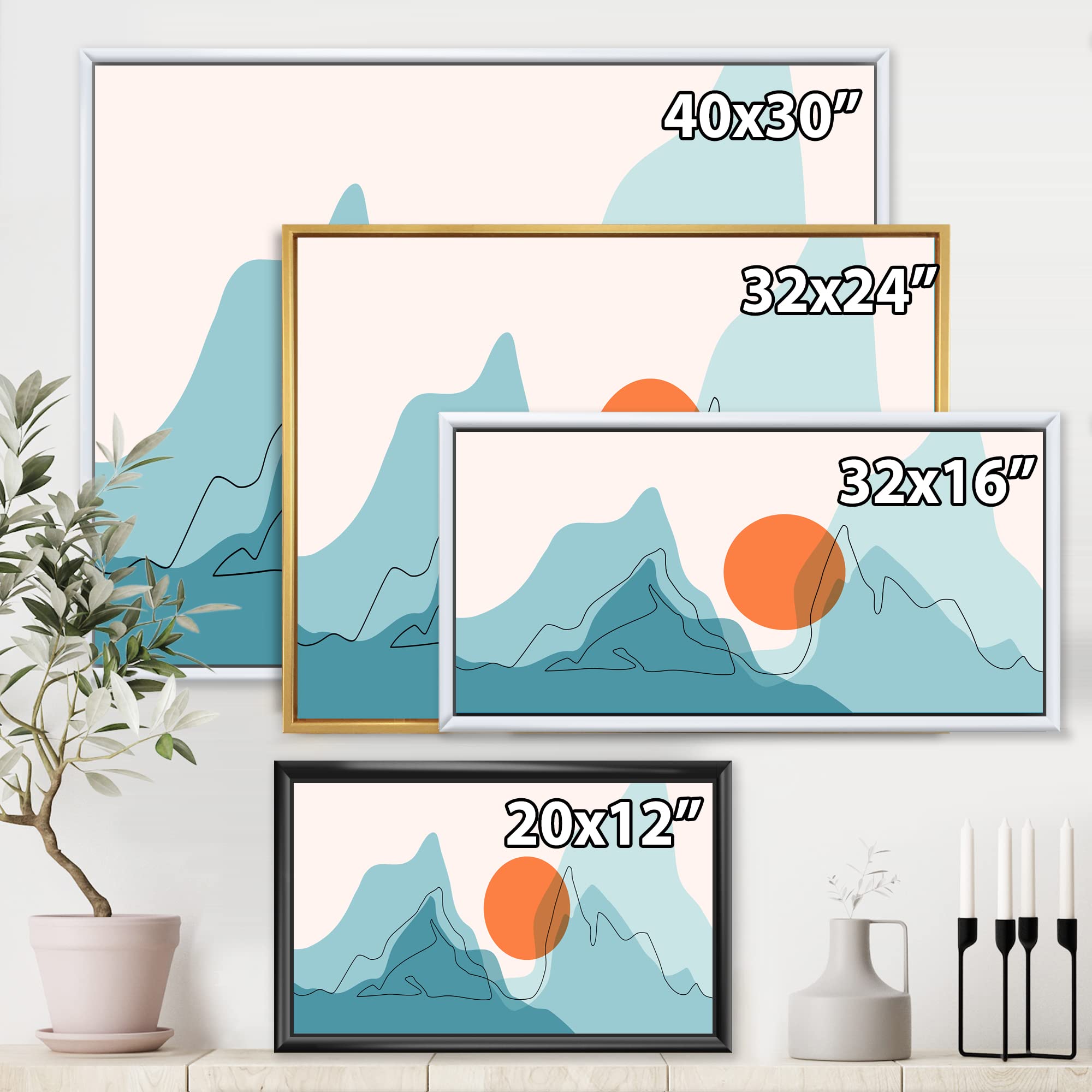 DesignQ Red Moon Over Abstract Blue Mountains I - Modern Framed Canvas Wall Art Print for Living Room, Bedroom & Office Decor