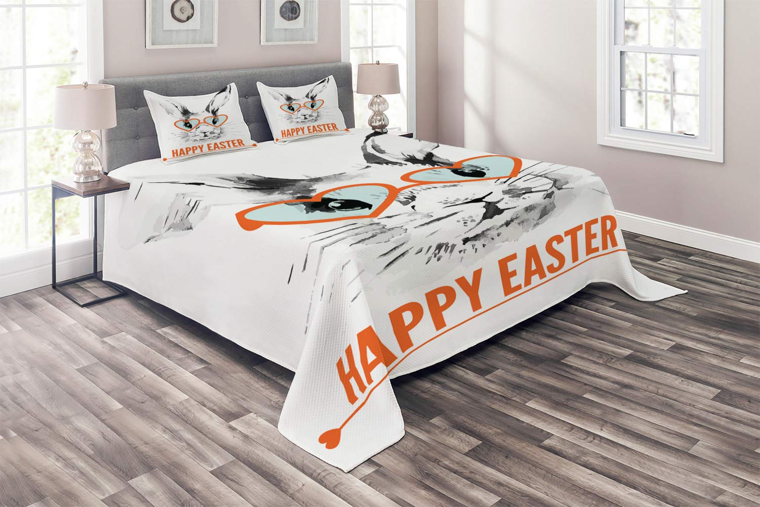 Ambesonne Happy Easter Quilt Set - King Size Watercolor Bunny & Heart Design, 3-Piece Bedspread with 2 Pillow Shams in Burnt Orange & Dark Grey | Easter Home Decor, Spring Bedroom Upgrade, Cozy Seasonal Bedding