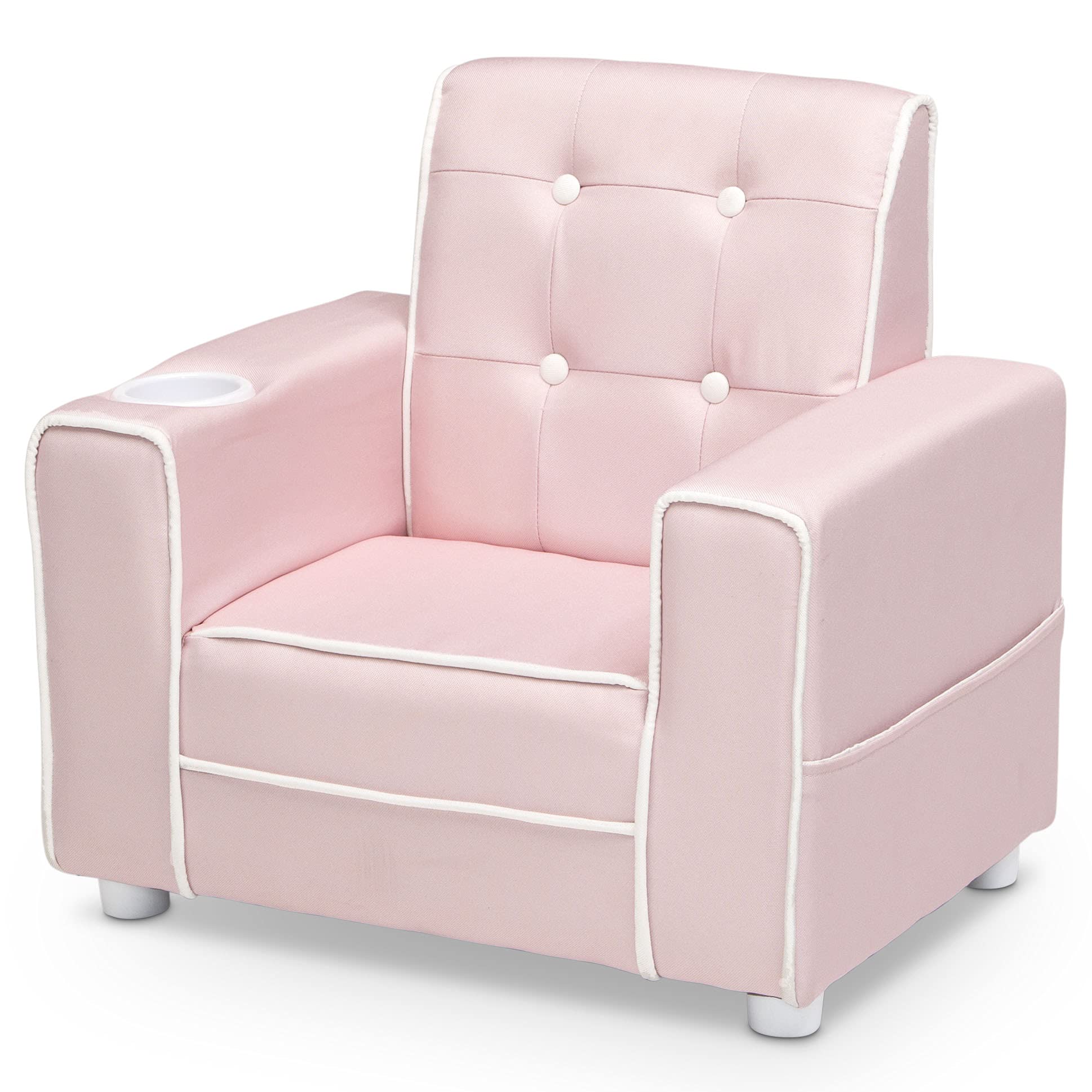 Delta Children Chelsea Kids Upholstered Chair with Cup Holder - Pink Toddler Chair for Bedroom, Playroom & Reading Nook | Comfortable Seating for Kids Ages 3-8