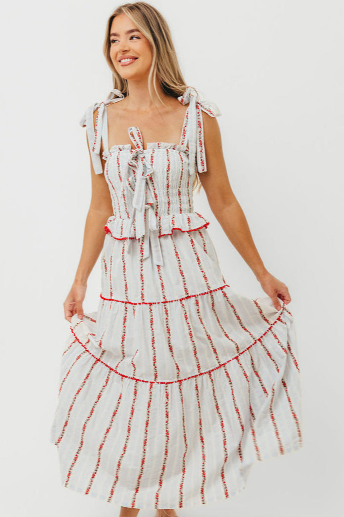 Tamara Floral Embroidered Maxi Dress - Red Flower Print Tiered Summer Dress for Women | Perfect for Beach Vacations, Weddings & Boho Fashion