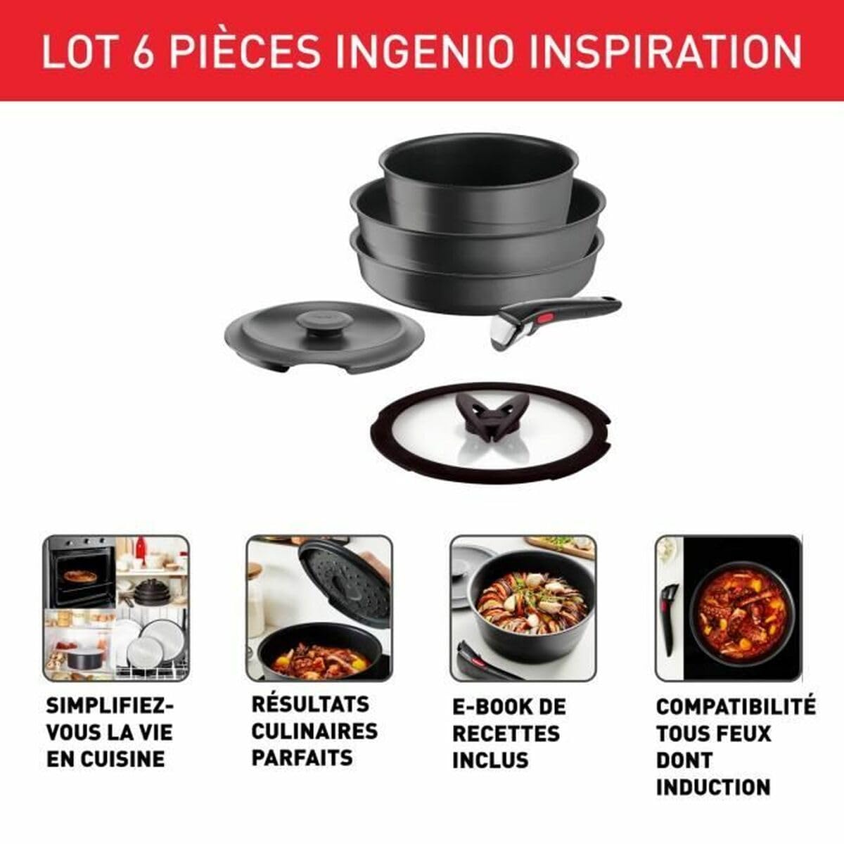 Tefal Ingenio 6-Piece Induction Cookware Set - Cast Aluminum Wok Pan with Glass Lid & Removable Handle, Dishwasher Safe - Perfect for Stir-Frying, Sautéing & Asian Cooking (Model L867S604)