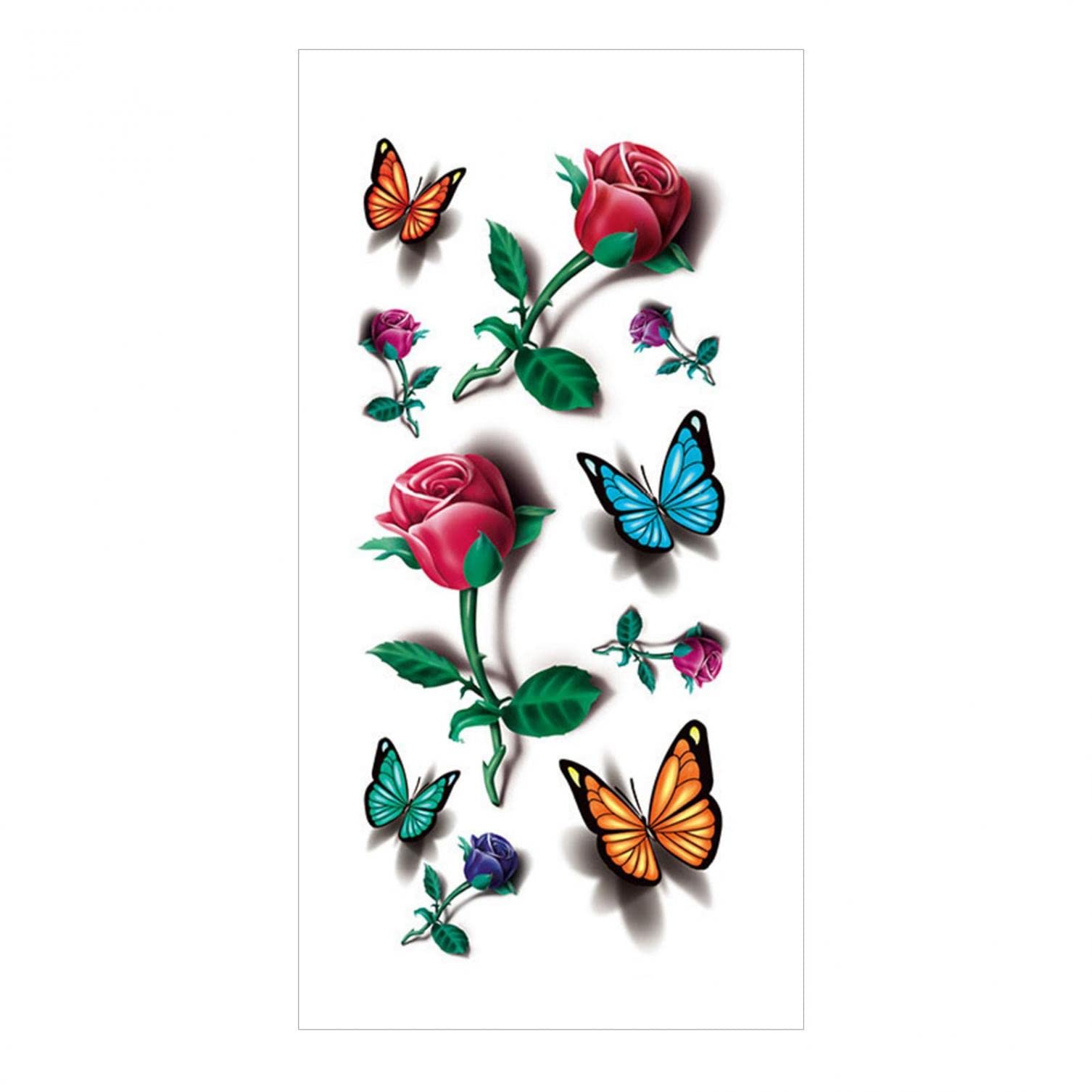 Beautiful Flowers Temporary Tattoos - Rose & Butterfly Waterproof Body Art Stickers for Women, Girls, Kids | Vibrant Multi-Color Fake Tattoos for Parties, Festivals & Summer Beach Looks (1 Sheet)
