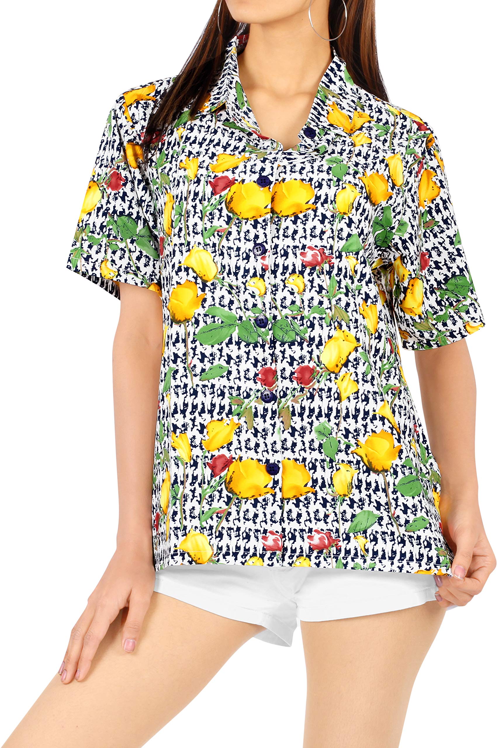 LA LEELA Women's Hawaiian Short Sleeve Beach Blouse Shirt - Floral Print Vacation Top for Summer, Pool Party & Tropical Getaways